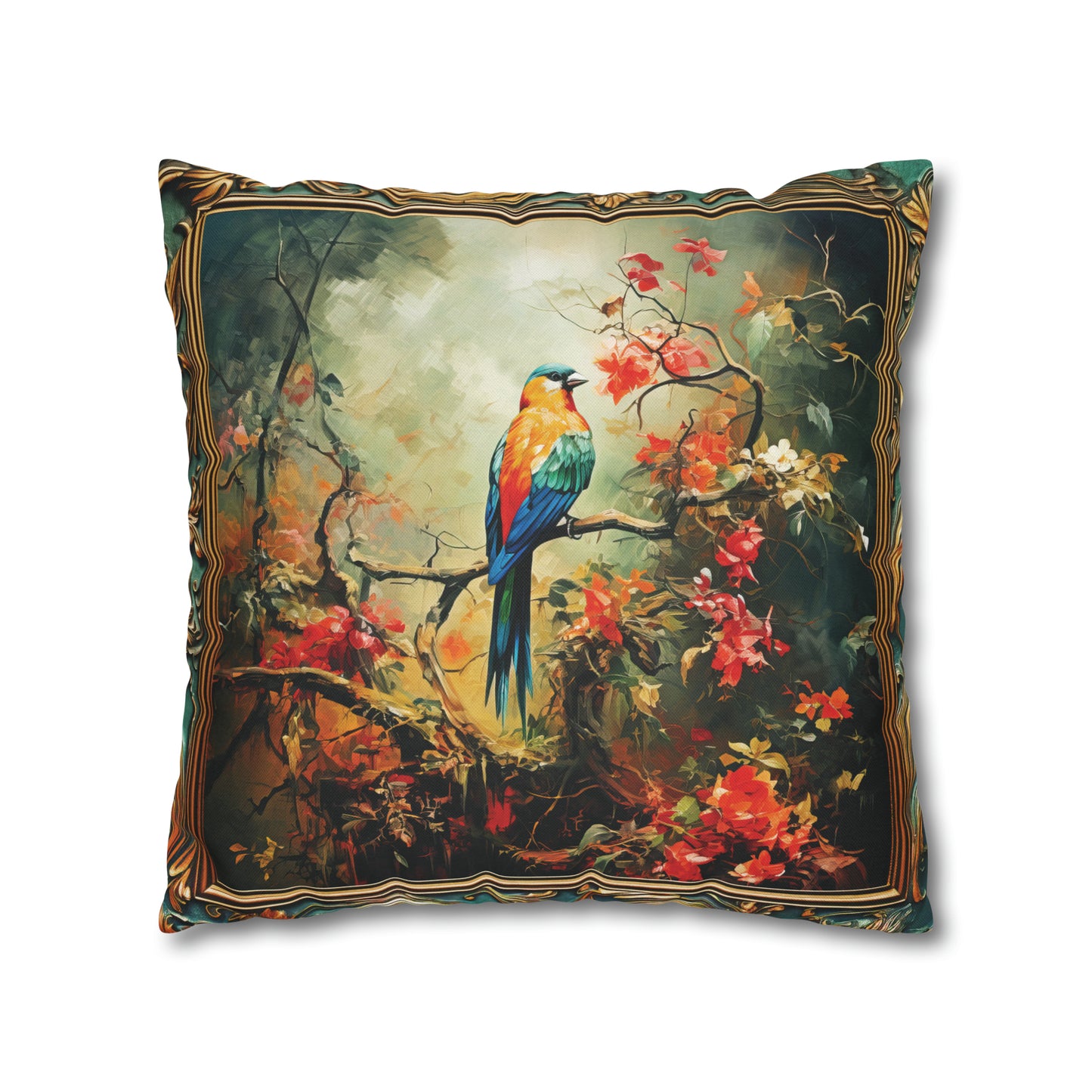 Square Pillow Case 18" x 18", CASE ONLY, no pillow form, original Art , a Colorful Bird on a Flowering Branch in the Forest