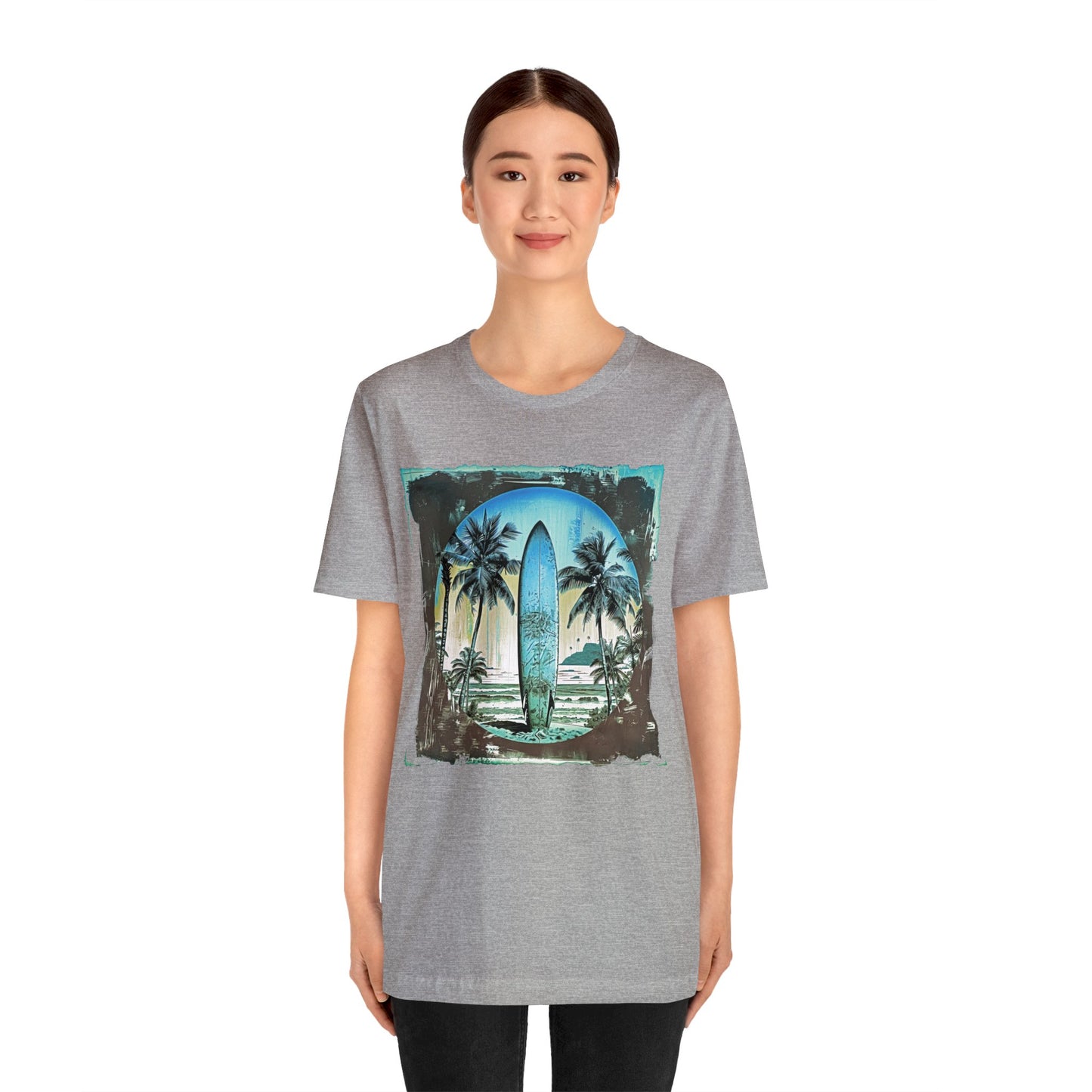 Blue board on the beach Unisex Jersey Short Sleeve Tee