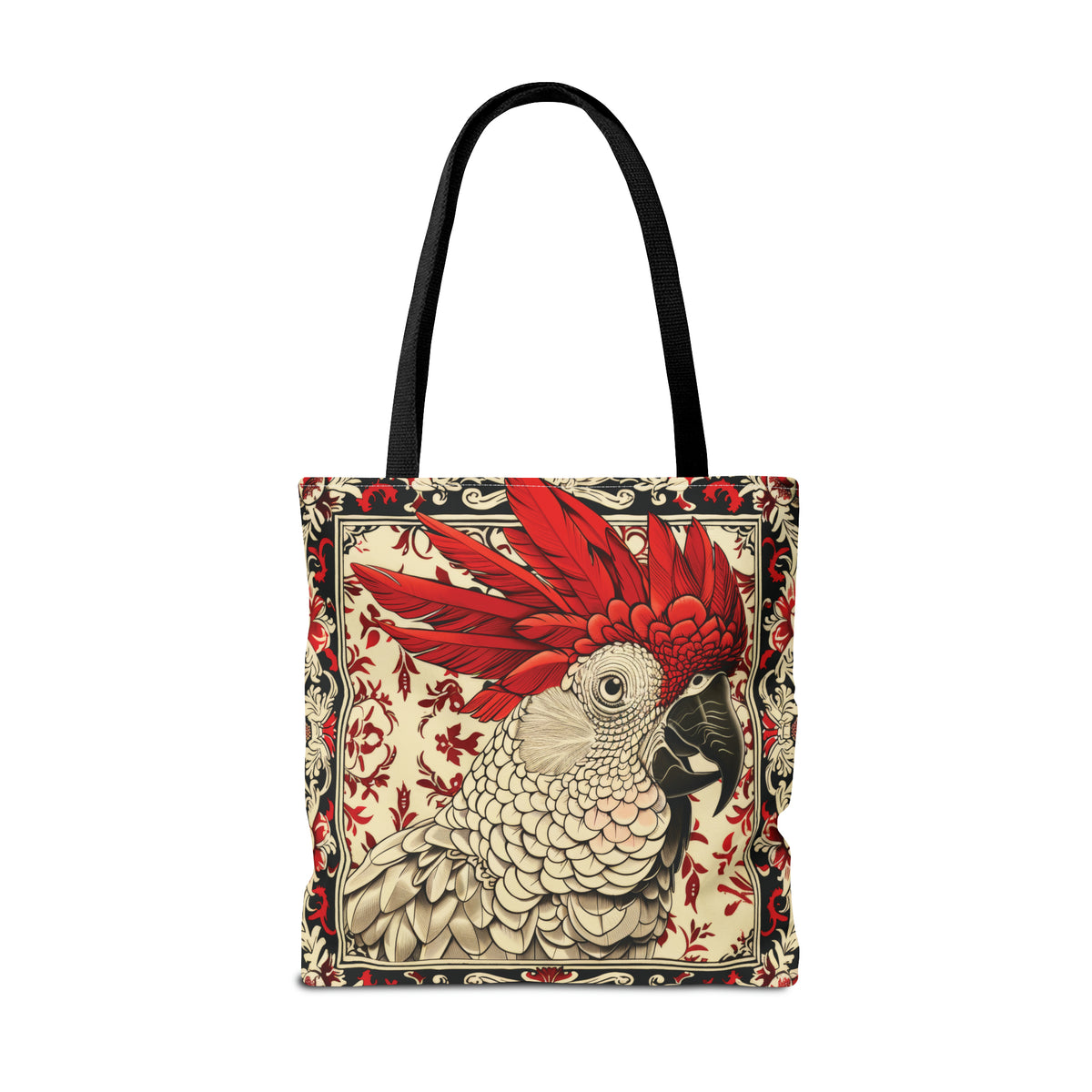Canvas Tote Bag, vintage inspired cockatoo design, vibrant artistic accessory, whimsical all over print bag, three sizes