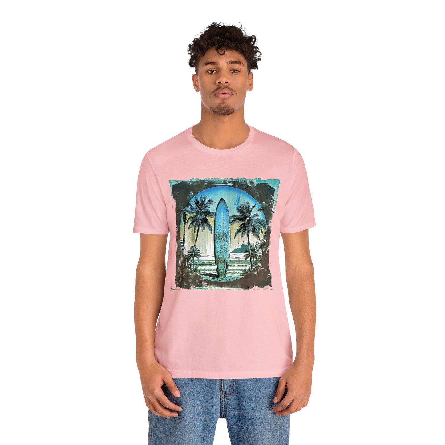 Blue board on the beach Unisex Jersey Short Sleeve Tee