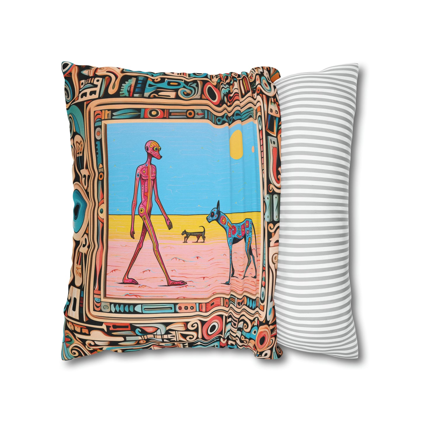 Square Pillow Case 18" x 18", CASE ONLY, no pillow form, original Pop Art Style, Pink Alien & Blue Dog in a Frame