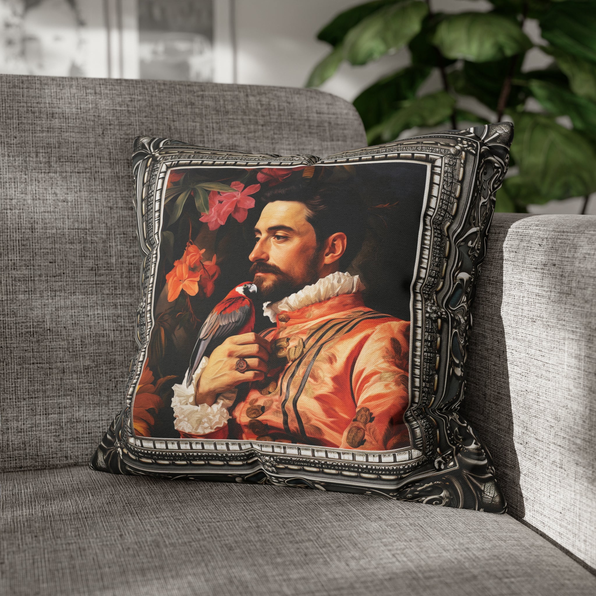 Square Pillow Case 18" x 18", CASE ONLY, no pillow form, original Art ,Colorful, a painting of an Italian Aristocrat and his Bird, Antique Frame