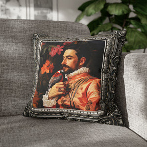 Square Pillow Case 18" x 18", CASE ONLY, no pillow form, original Art ,Colorful, a painting of an Italian Aristocrat and his Bird, Antique Frame