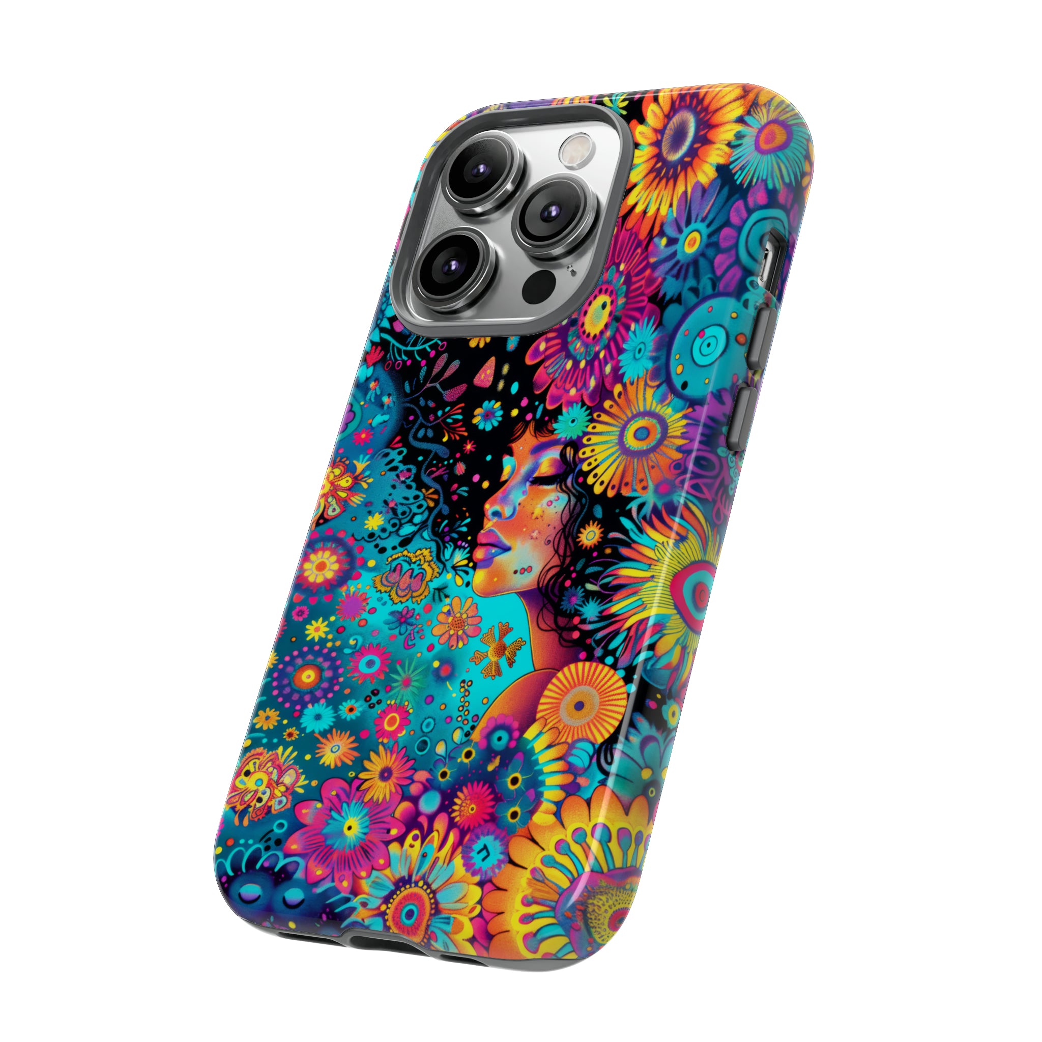 Phone Case, 1970's inspired flower girl, Artistic design, Tough Case, Colorful whimsical flower fantasy design, iPhone 15, 14, 13, 12, 11, Samsung, Pixel