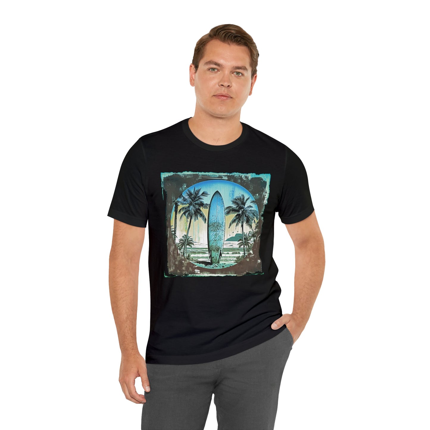 Blue board on the beach Unisex Jersey Short Sleeve Tee