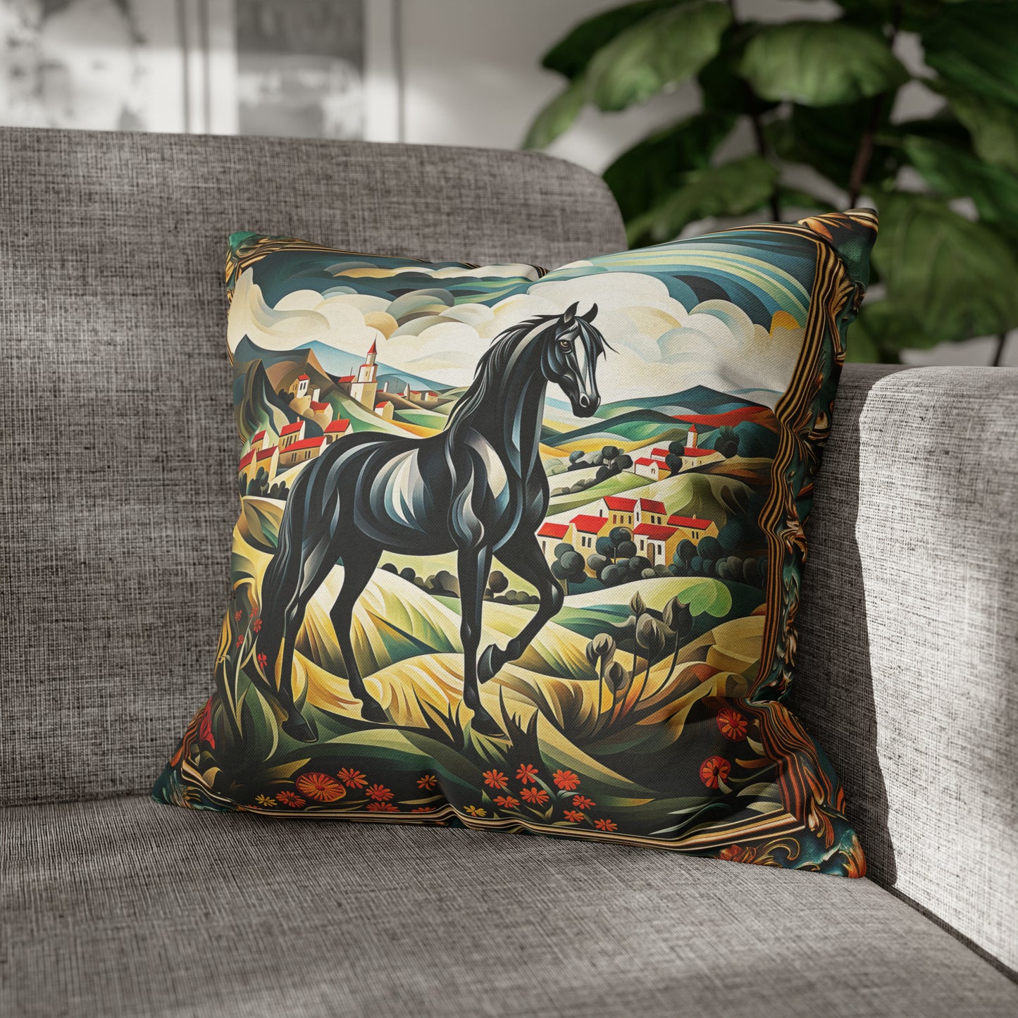 Square Pillow Case 18" x 18", CASE ONLY, no pillow form, original Art ,Colorful, Beautiful Black Stallion on a Spanish Landscape