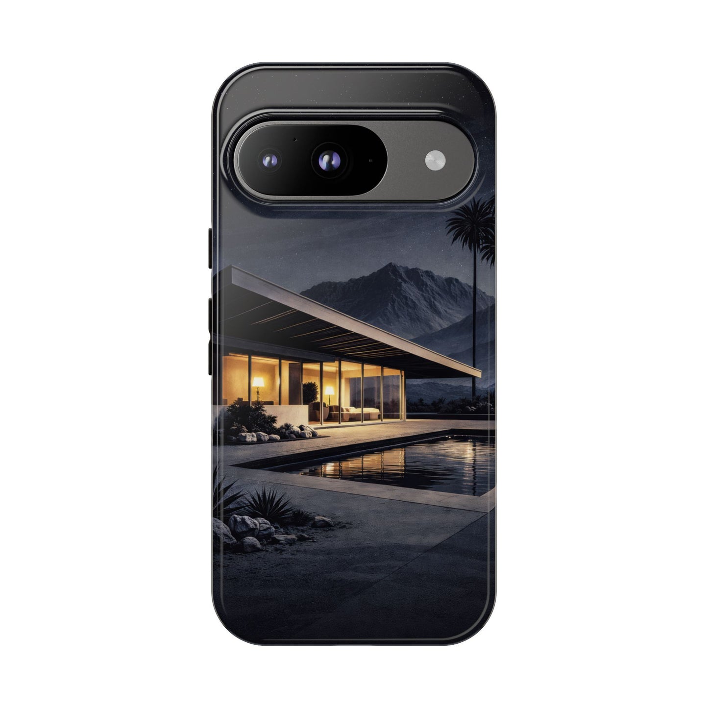 Modern Palm Springs House Phone Case — Mid-Century Poolside Evening Scene