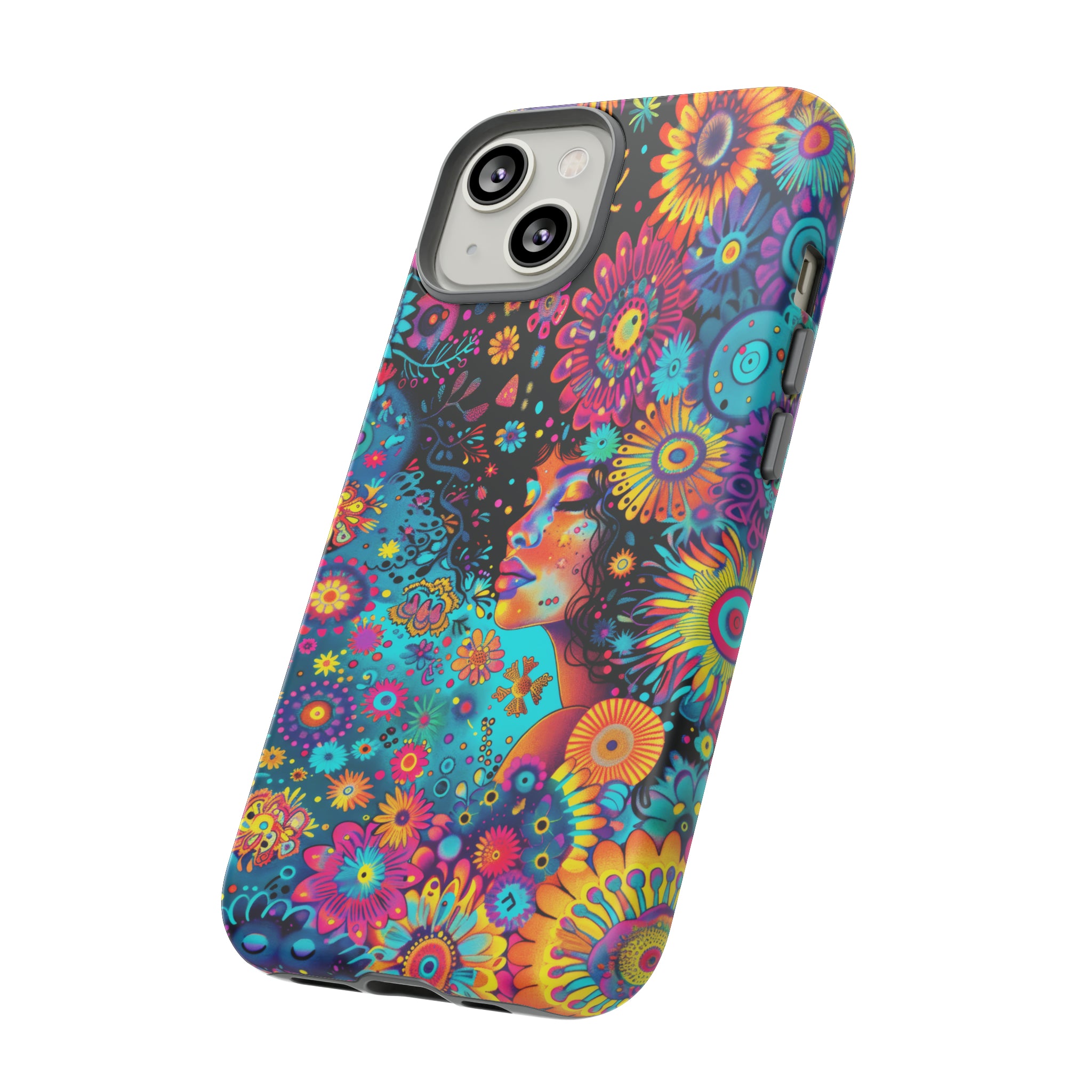 Phone Case, 1970's inspired flower girl, Artistic design, Tough Case, Colorful whimsical flower fantasy design, iPhone 15, 14, 13, 12, 11, Samsung, Pixel
