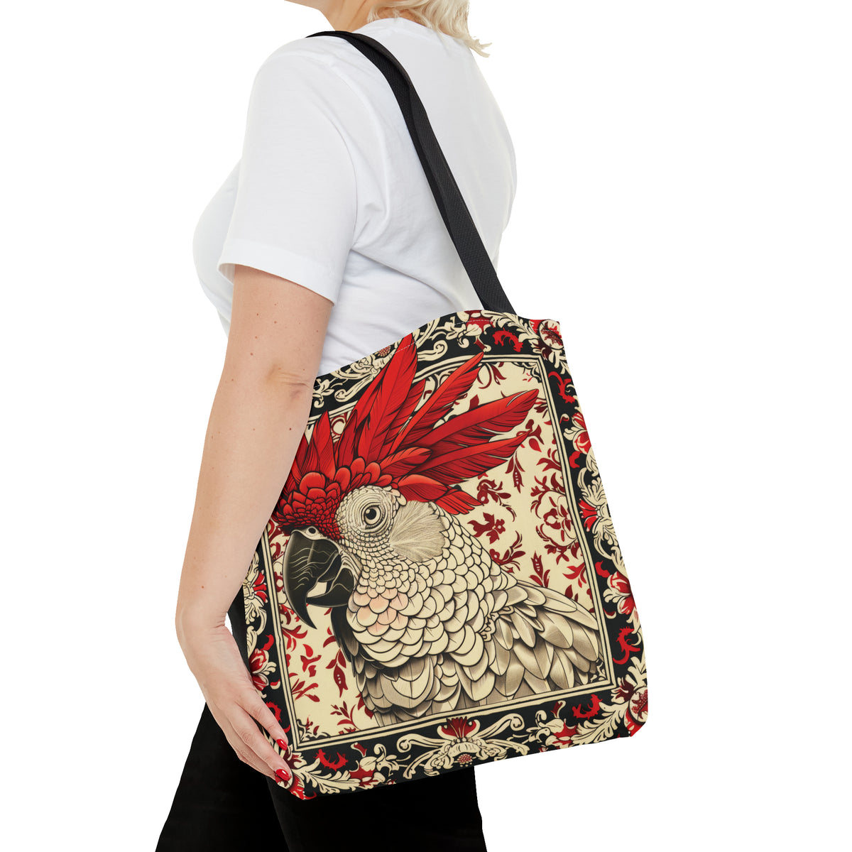 Canvas Tote Bag, vintage inspired cockatoo design, vibrant artistic accessory, whimsical all over print bag, three sizes