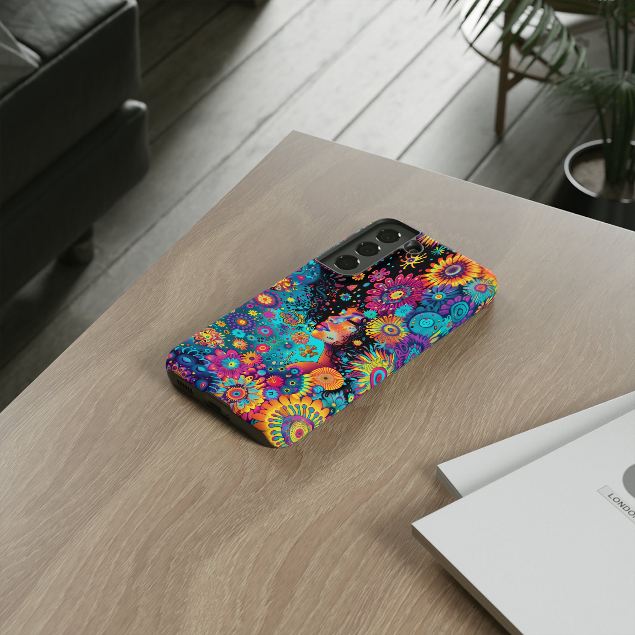Phone Case, 1970's inspired flower girl, Artistic design, Tough Case, Colorful whimsical flower fantasy design, iPhone 15, 14, 13, 12, 11, Samsung, Pixel