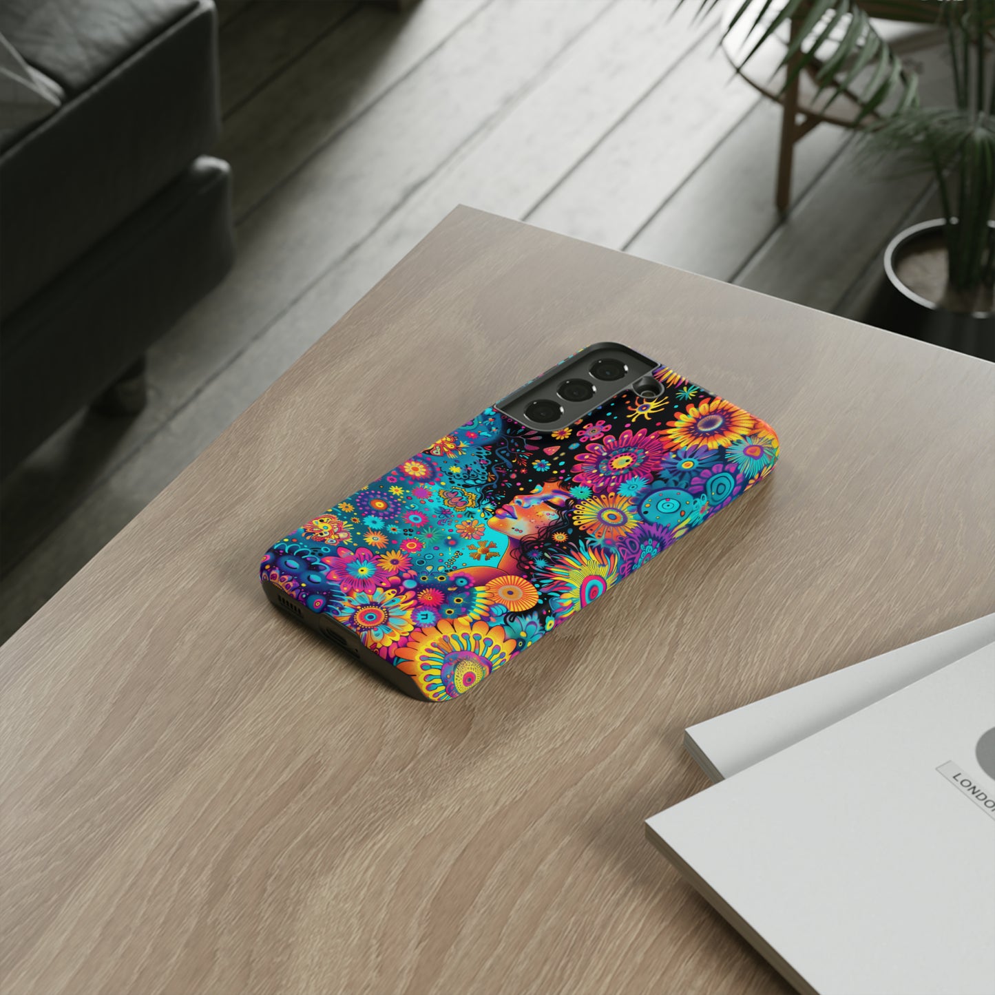 Phone Case, 1970's inspired flower girl, Artistic design, Tough Case, Colorful whimsical flower fantasy design, iPhone 15, 14, 13, 12, 11, Samsung, Pixel