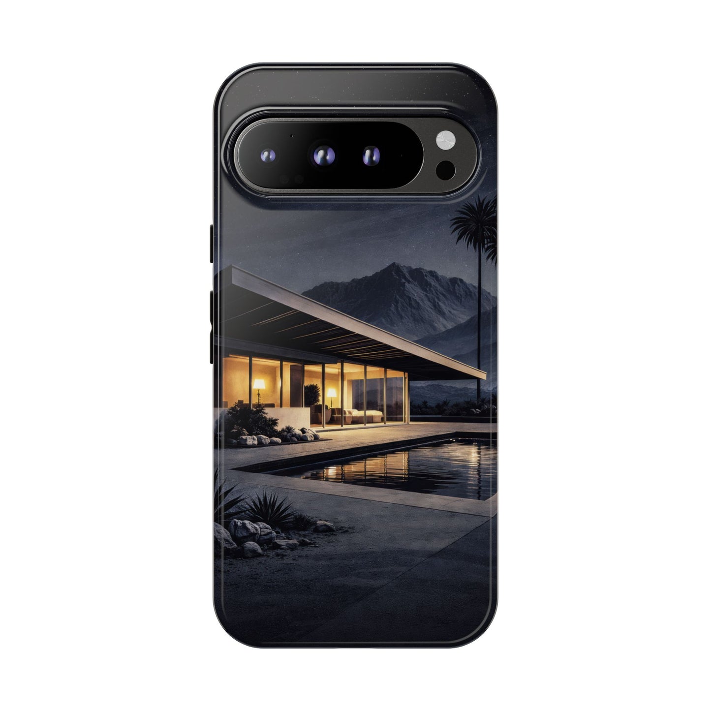 Modern Palm Springs House Phone Case — Mid-Century Poolside Evening Scene