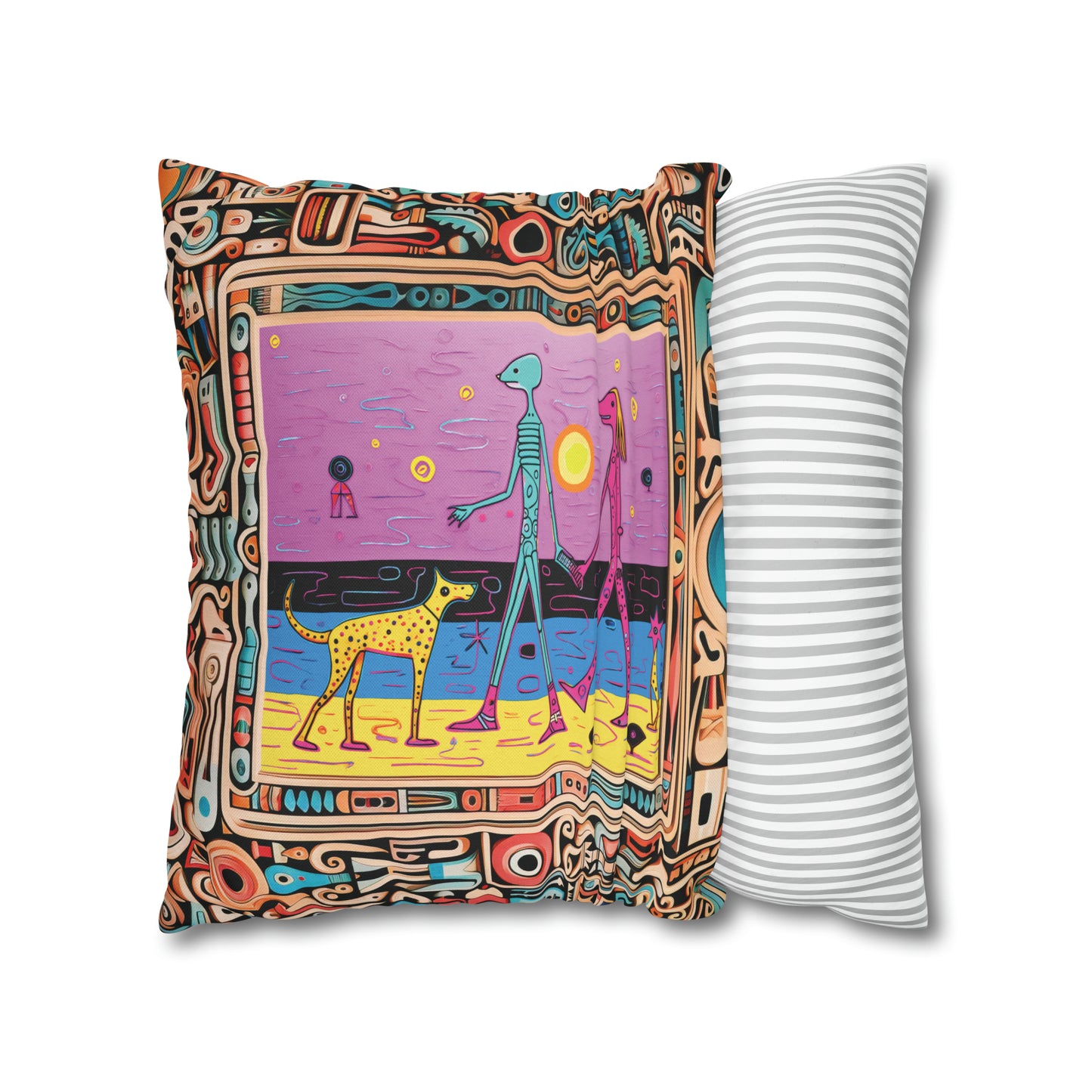 Square Pillow Case 18" x 18", CASE ONLY, no pillow form, original Pop Art Style, Alien Couple Walk their Dogs on the Beach in a Frame