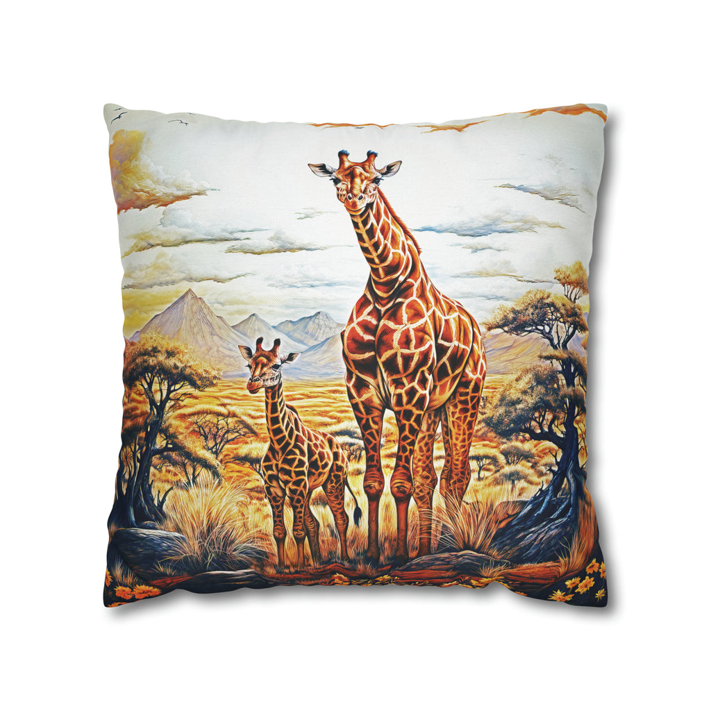 Square Pillow Case 18" x 18", CASE ONLY, no pillow form, original Art ,Colorful, A Mother Giraffe and Her Calf on the African Plain