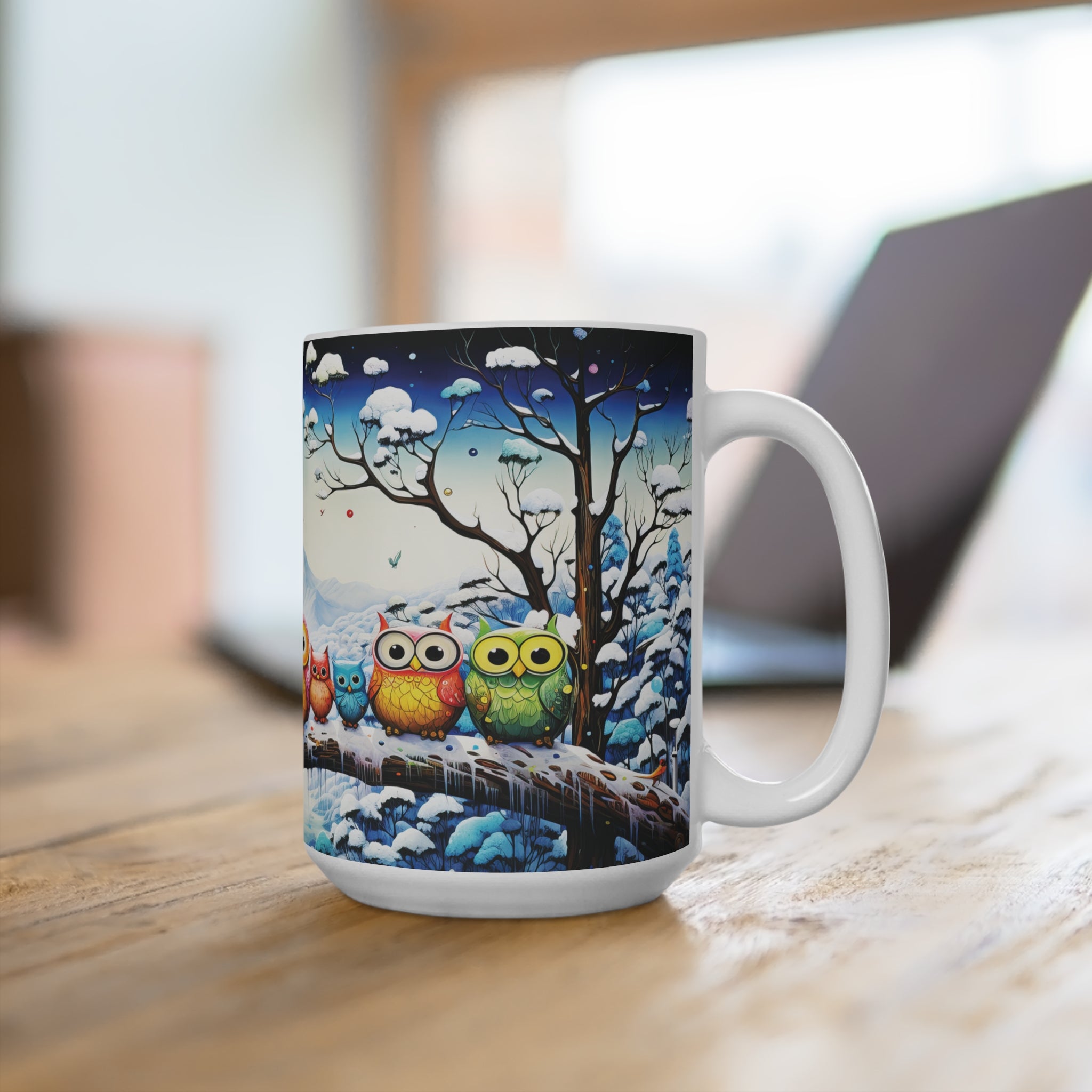 Mug 15oz Family of Owls on a Snowy Branch