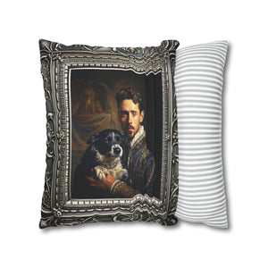 Square Pillow Case 18" x 18", CASE ONLY, no pillow form, original Art , a painterly Pillow of Renaissance Royalty with his Dog Antique Frame