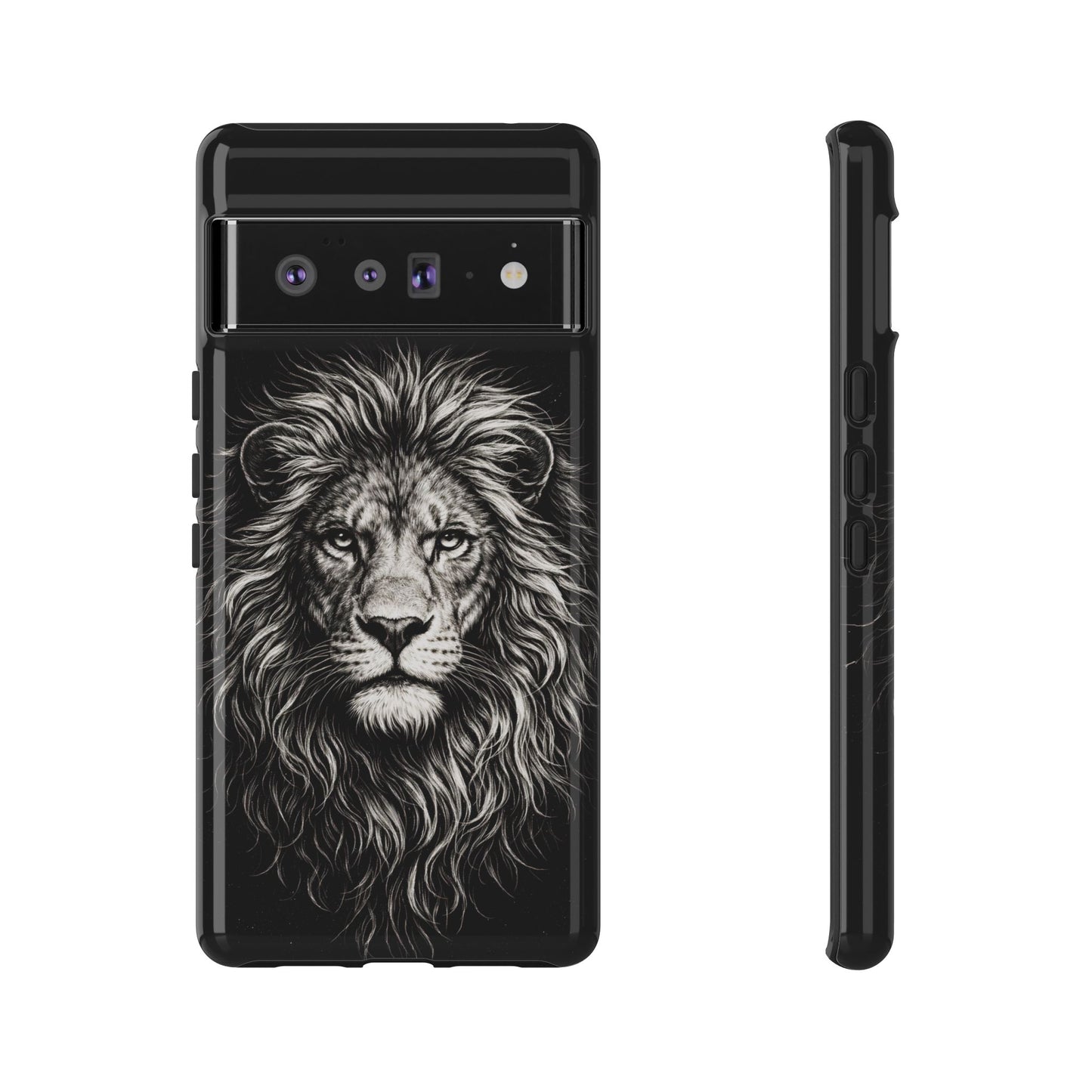 Lion Portrait Tough Phone Case — Protective Black Rugged Case with Detailed Lion Artwork