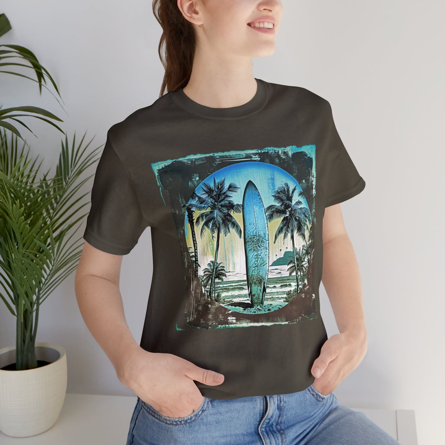 Blue board on the beach Unisex Jersey Short Sleeve Tee