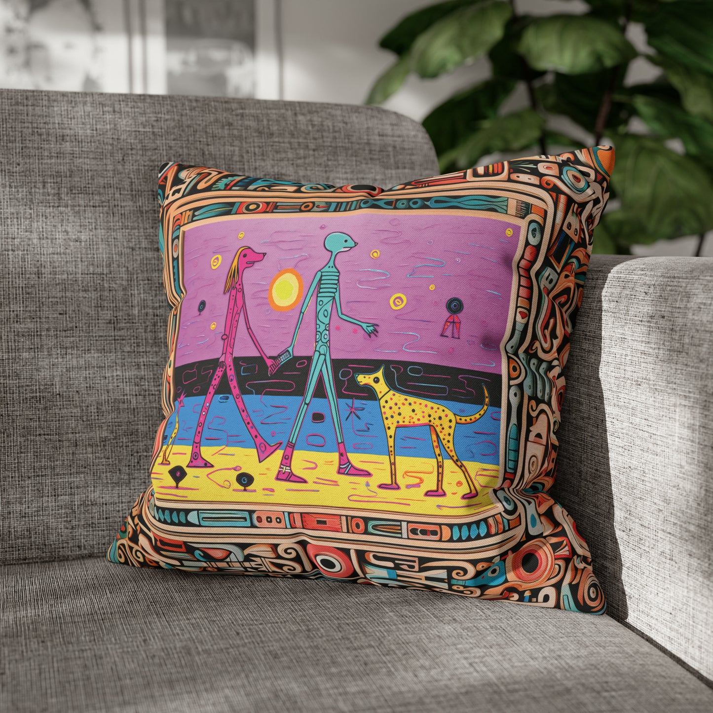 Square Pillow Case 18" x 18", CASE ONLY, no pillow form, original Pop Art Style, Alien Couple Walk their Dogs on the Beach in a Frame