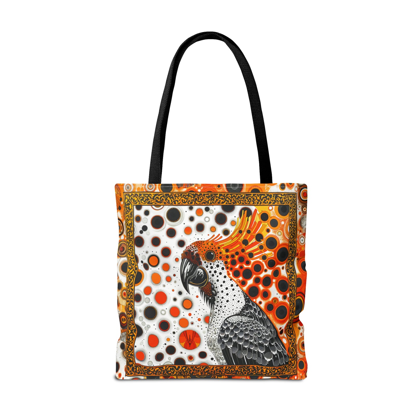 Canvas Tote Bag, Mod inspired orange bird design, vibrant artistic accessory, whimsical all over print bag in three sizes with cockatoo design