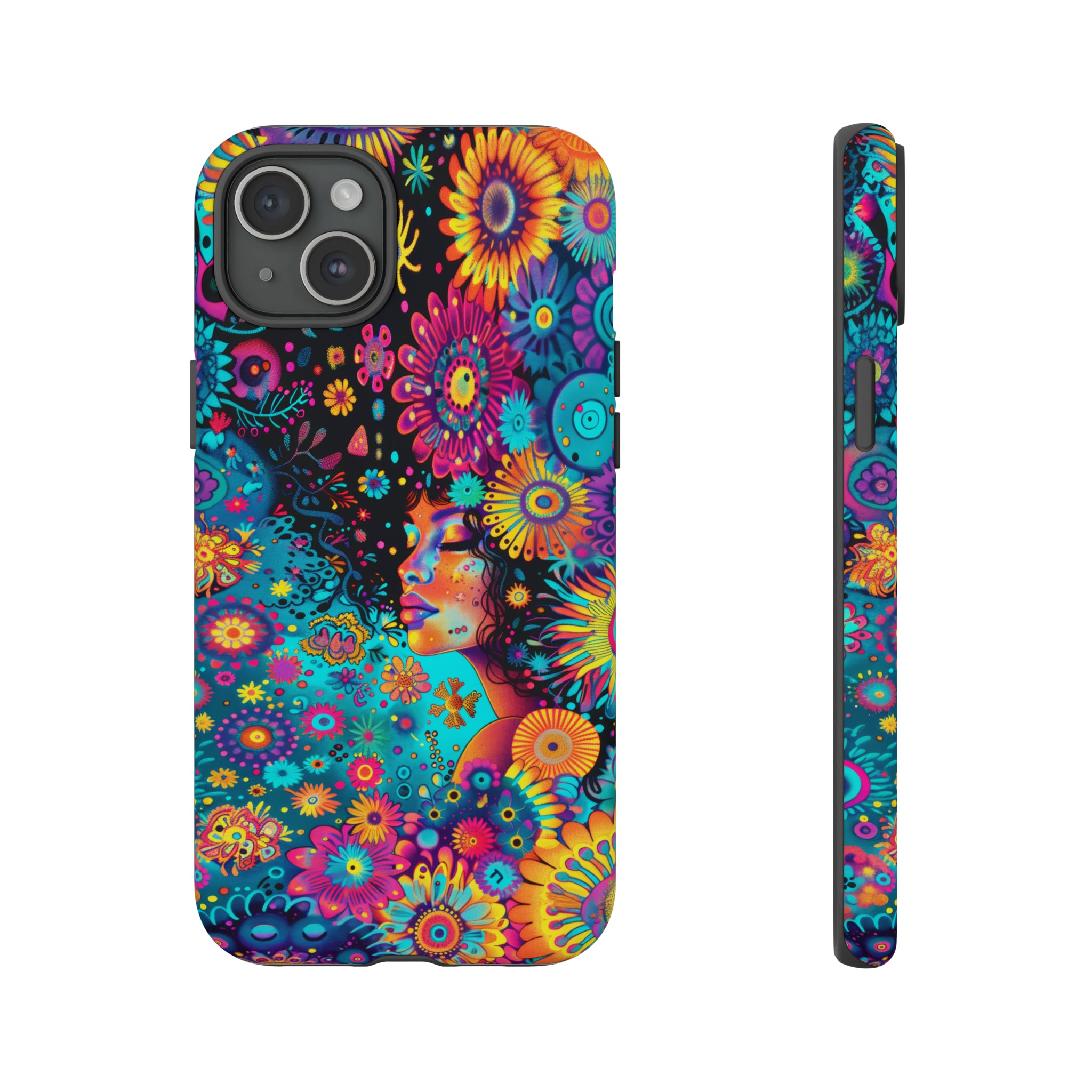 Phone Case, 1970's inspired flower girl, Artistic design, Tough Case, Colorful whimsical flower fantasy design, iPhone 15, 14, 13, 12, 11, Samsung, Pixel