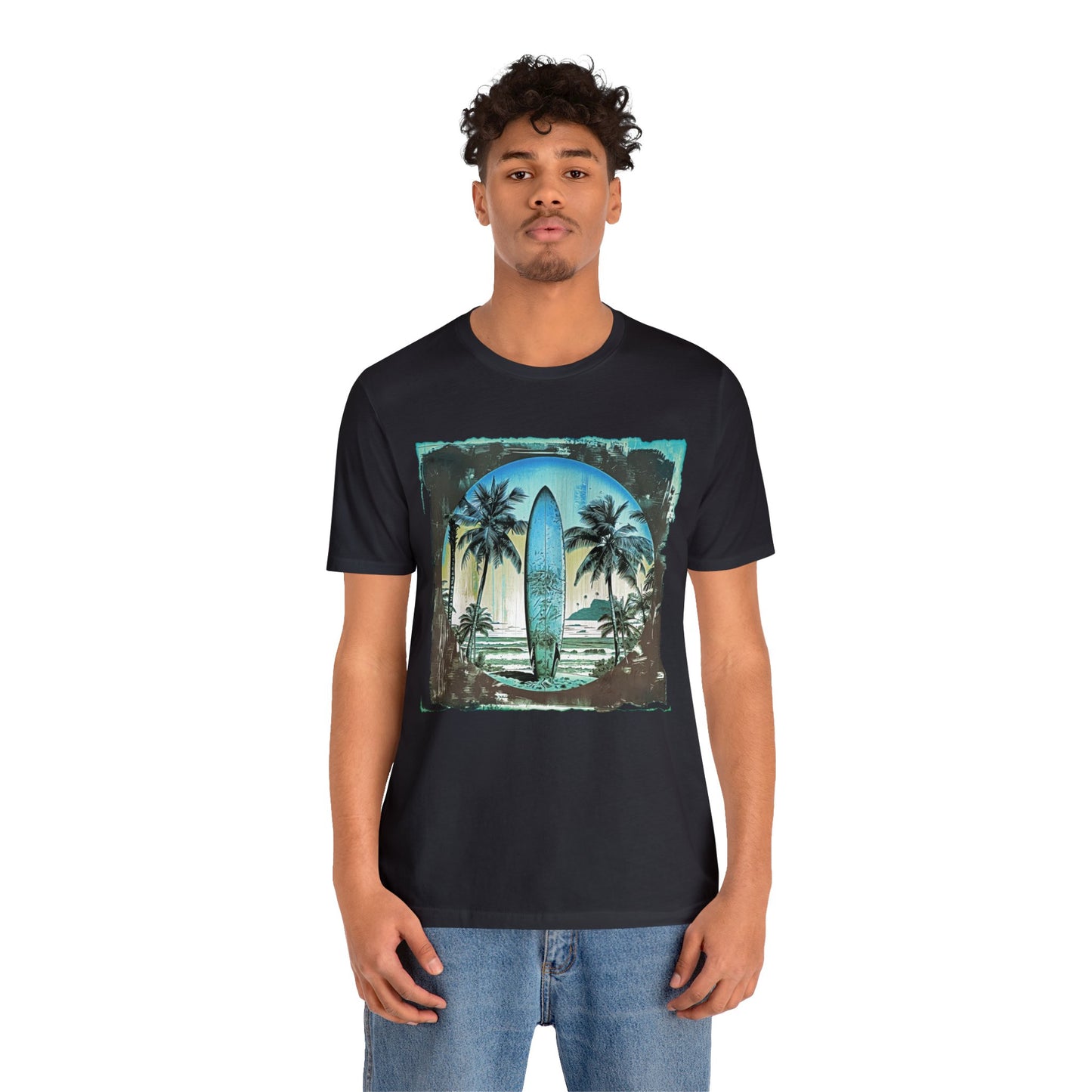 Blue board on the beach Unisex Jersey Short Sleeve Tee
