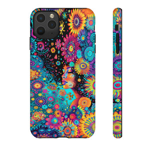 Phone Case, 1970's inspired flower girl, Artistic design, Tough Case, Colorful whimsical flower fantasy design, iPhone 15, 14, 13, 12, 11, Samsung, Pixel