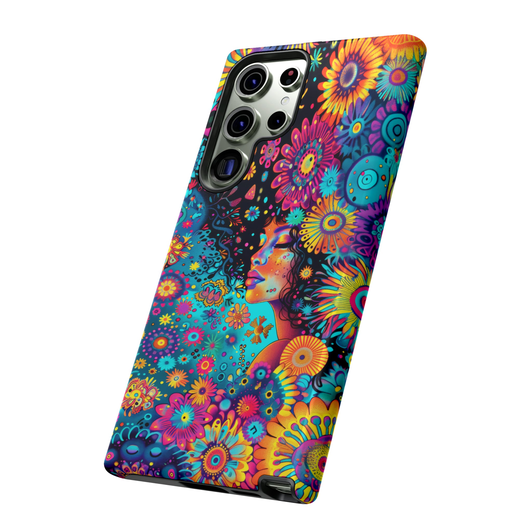 Phone Case, 1970's inspired flower girl, Artistic design, Tough Case, Colorful whimsical flower fantasy design, iPhone 15, 14, 13, 12, 11, Samsung, Pixel