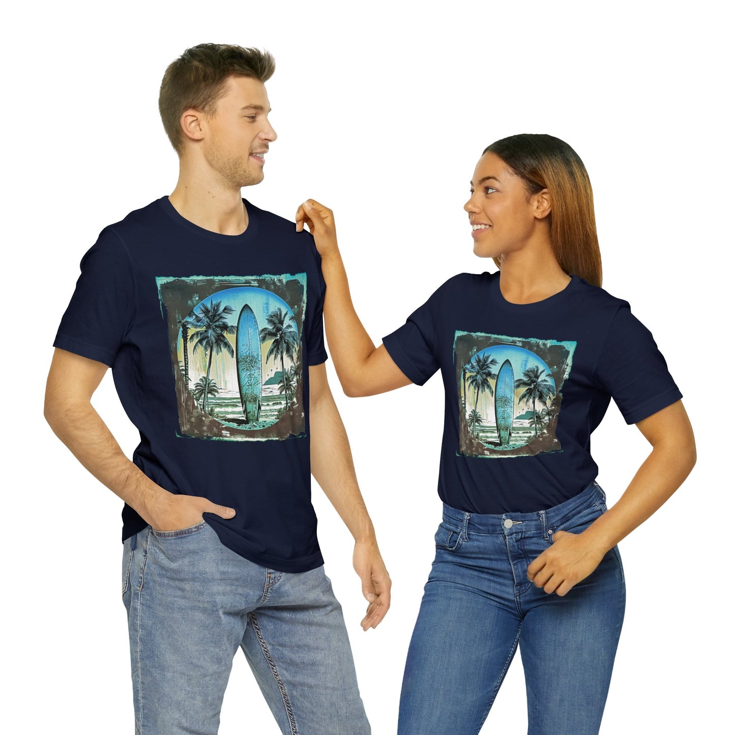 Blue board on the beach Unisex Jersey Short Sleeve Tee