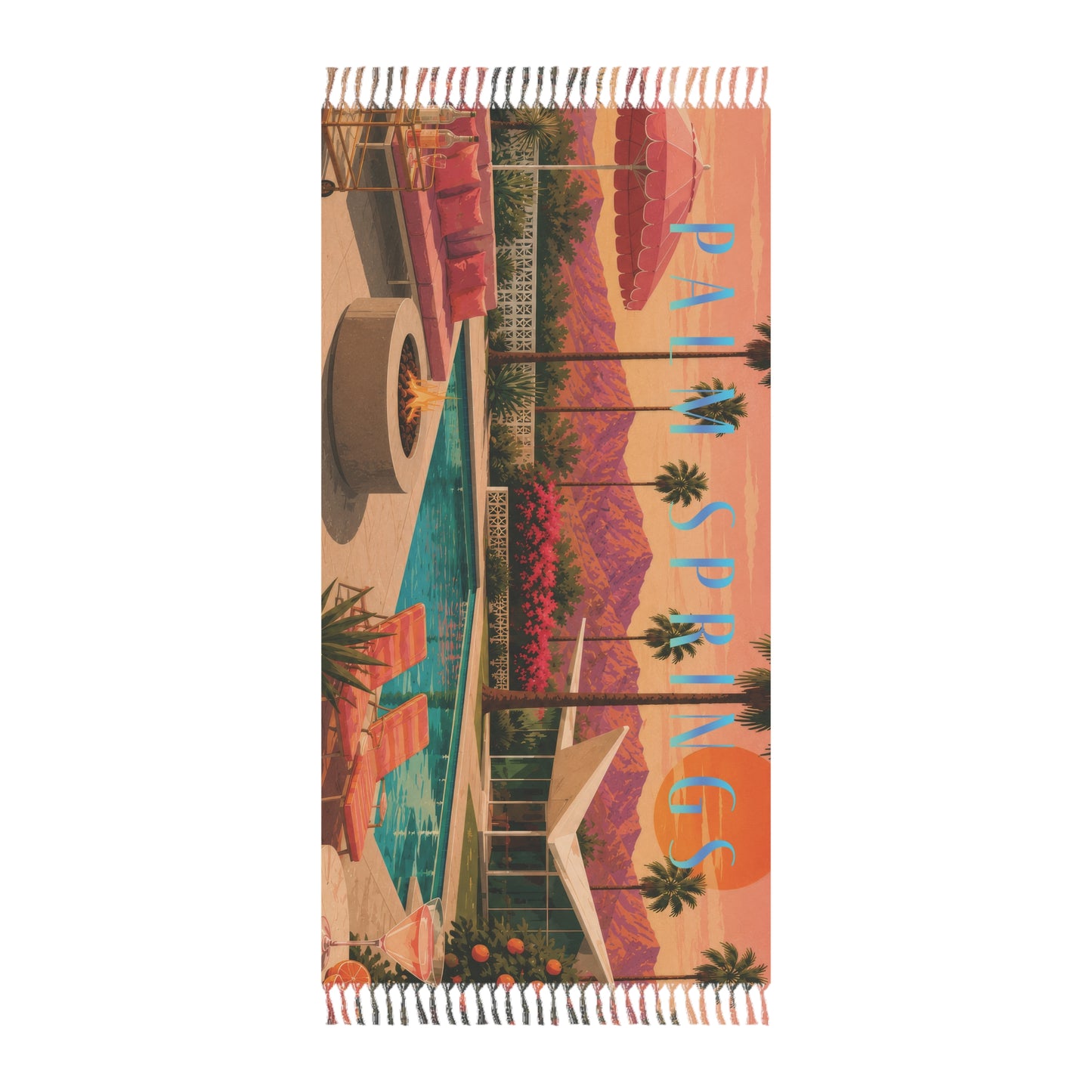 Boho Beach Towel – Retro Palm Springs Poolside Print 38" x 81"