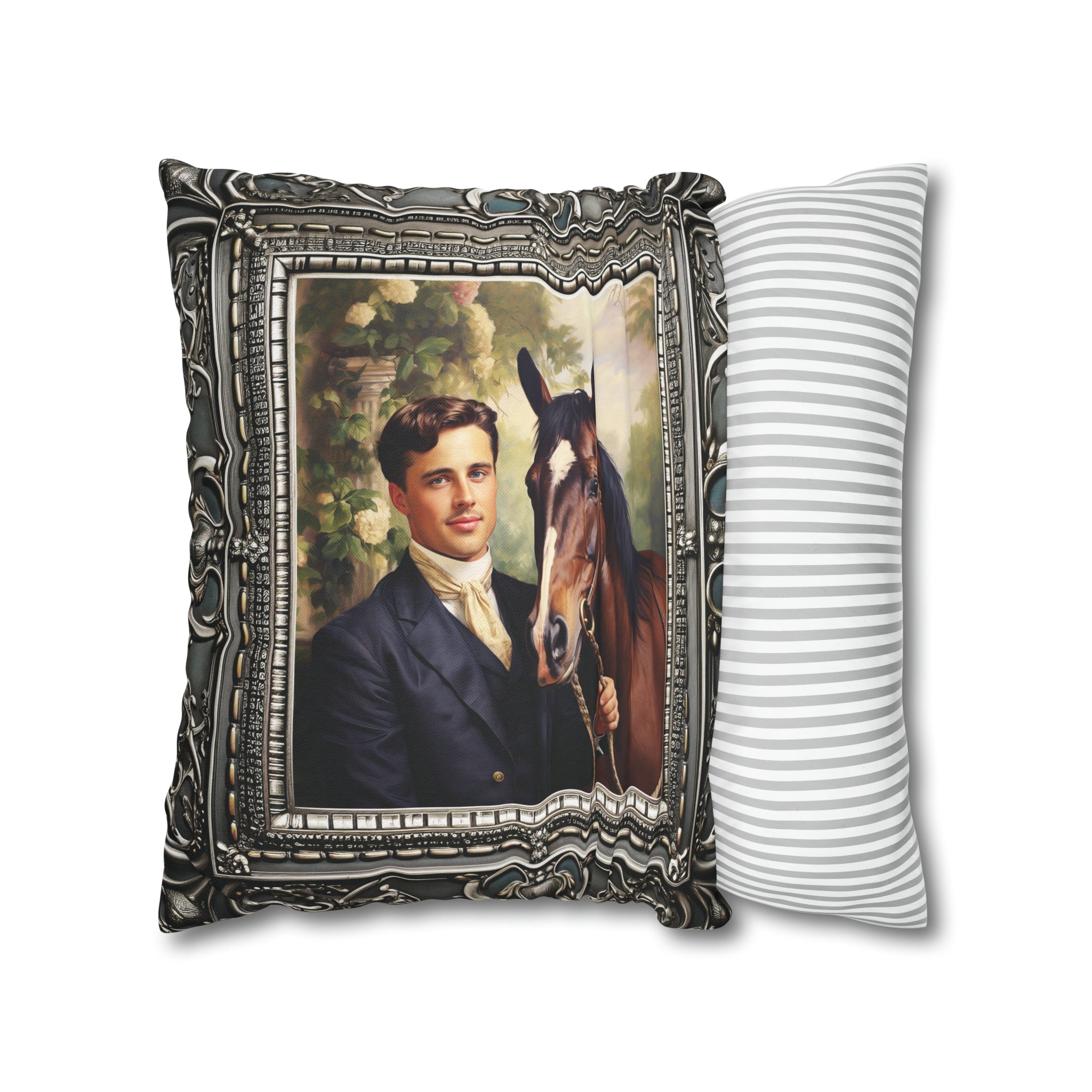 Square Pillow Case 18" x 18", CASE ONLY, no pillow form, original Art , a painting of an English Gent and His Horse Antique Frame