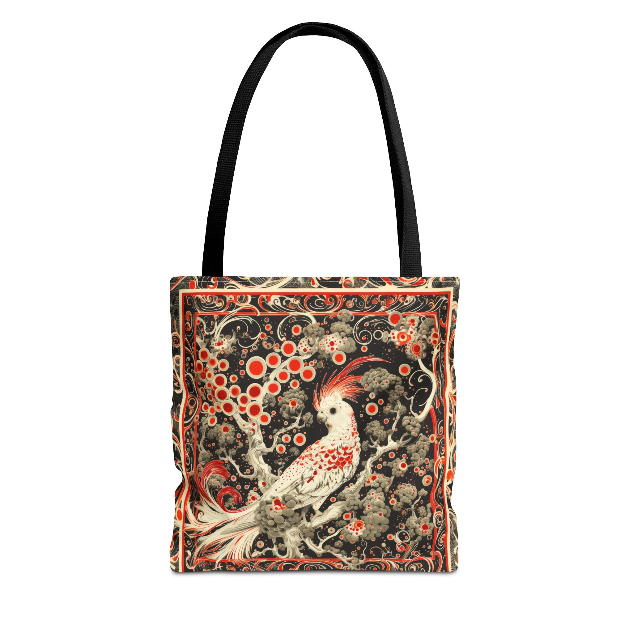 Canvas Tote Bag, vintage inspired bird design, vibrant artistic accessory, whimsical all over print bag in three sizes, cockatiel design
