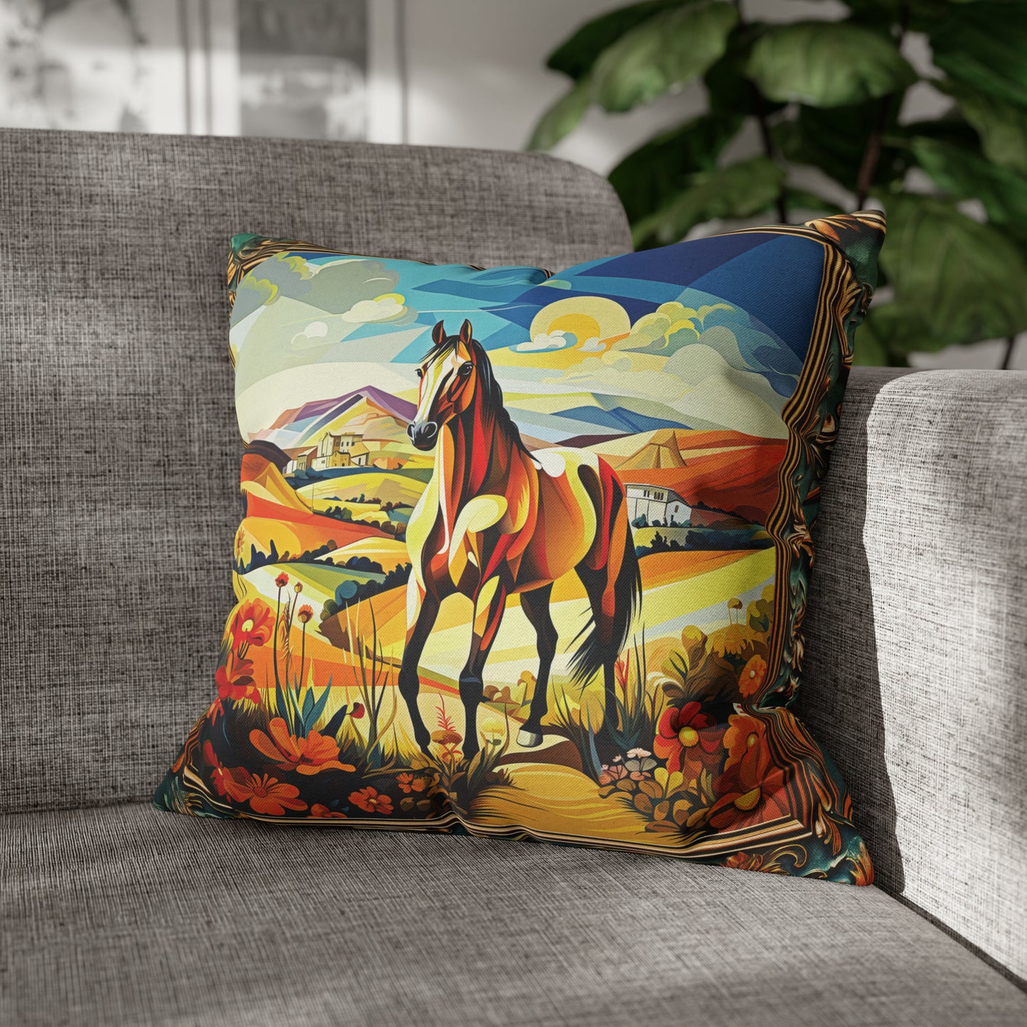Square Pillow Case 18" x 18", CASE ONLY, no pillow form, original Art ,Colorful, A beautiful Golden Horse on a Golden Landscape with a Village in the Distance