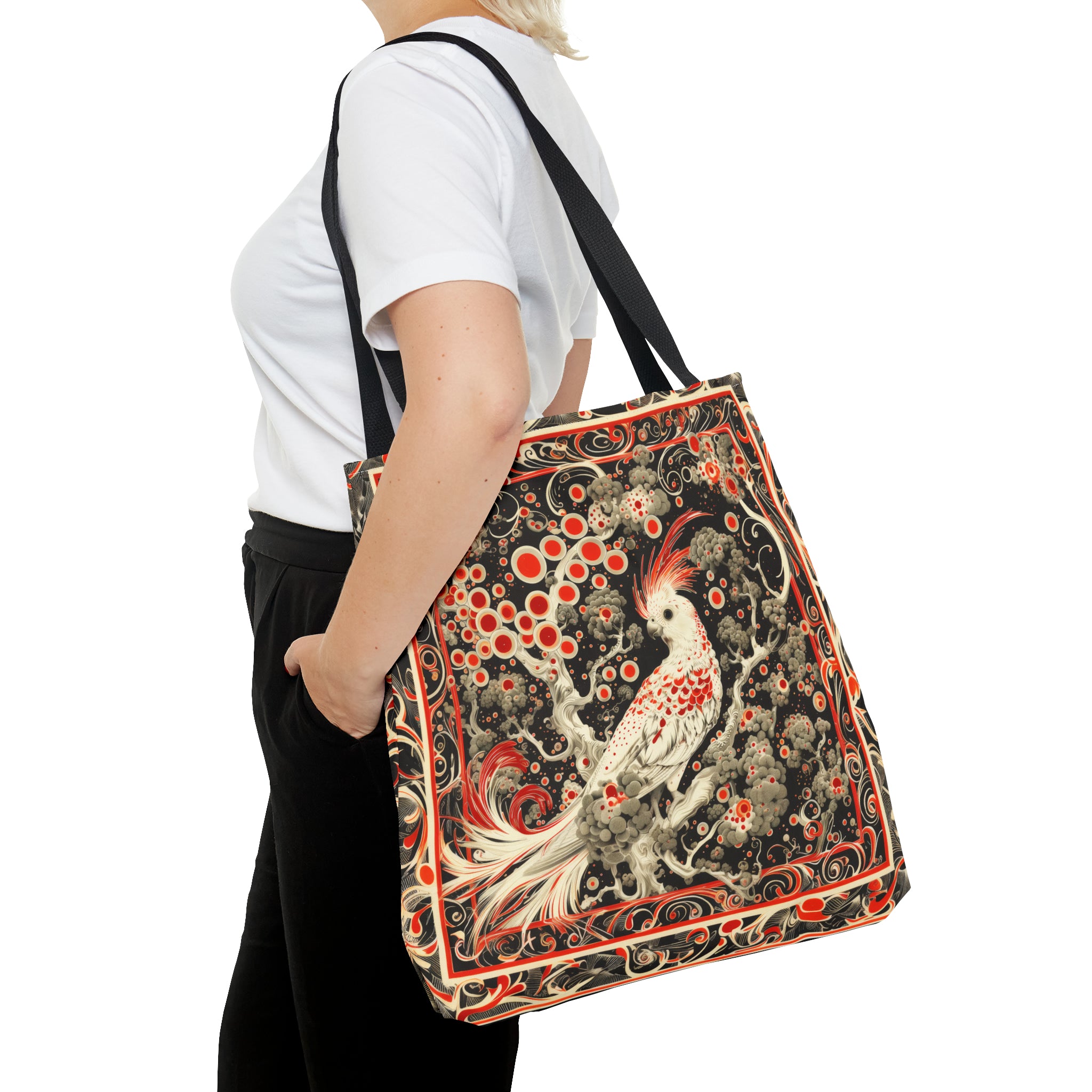 Canvas Tote Bag, vintage inspired bird design, vibrant artistic accessory, whimsical all over print bag in three sizes, cockatiel design