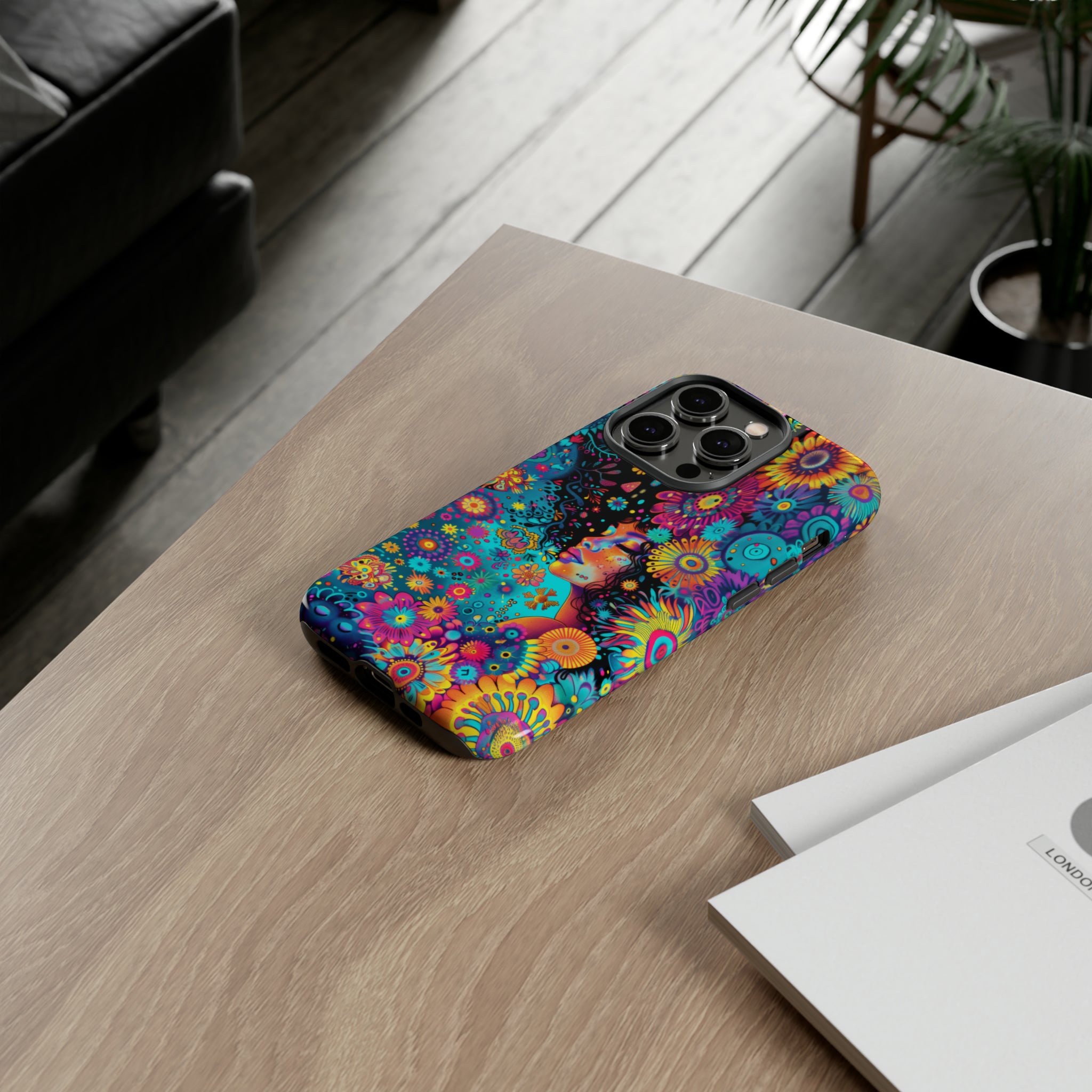 Phone Case, 1970's inspired flower girl, Artistic design, Tough Case, Colorful whimsical flower fantasy design, iPhone 15, 14, 13, 12, 11, Samsung, Pixel