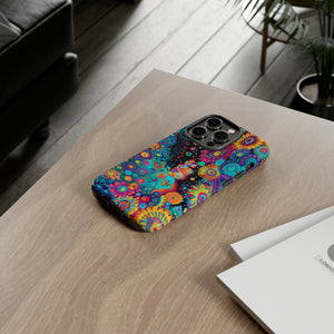 Phone Case, 1970's inspired flower girl, Artistic design, Tough Case, Colorful whimsical flower fantasy design, iPhone 15, 14, 13, 12, 11, Samsung, Pixel