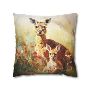 Square Pillow Case 18" x 18", CASE ONLY, no pillow form, original Art ,Colorful, a Mother Kangaroo with Her Joey in the Golden Grass with Flowers