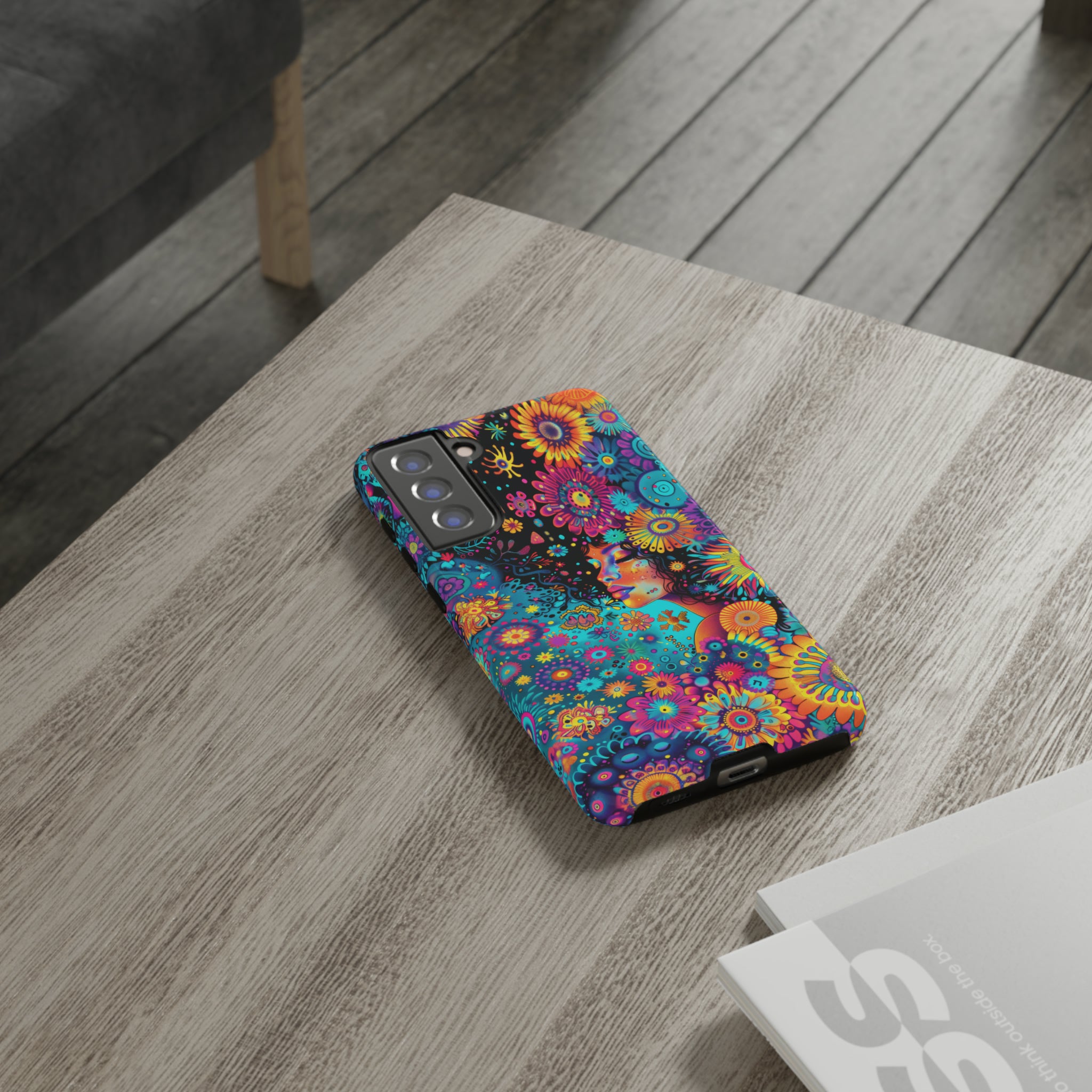 Phone Case, 1970's inspired flower girl, Artistic design, Tough Case, Colorful whimsical flower fantasy design, iPhone 15, 14, 13, 12, 11, Samsung, Pixel