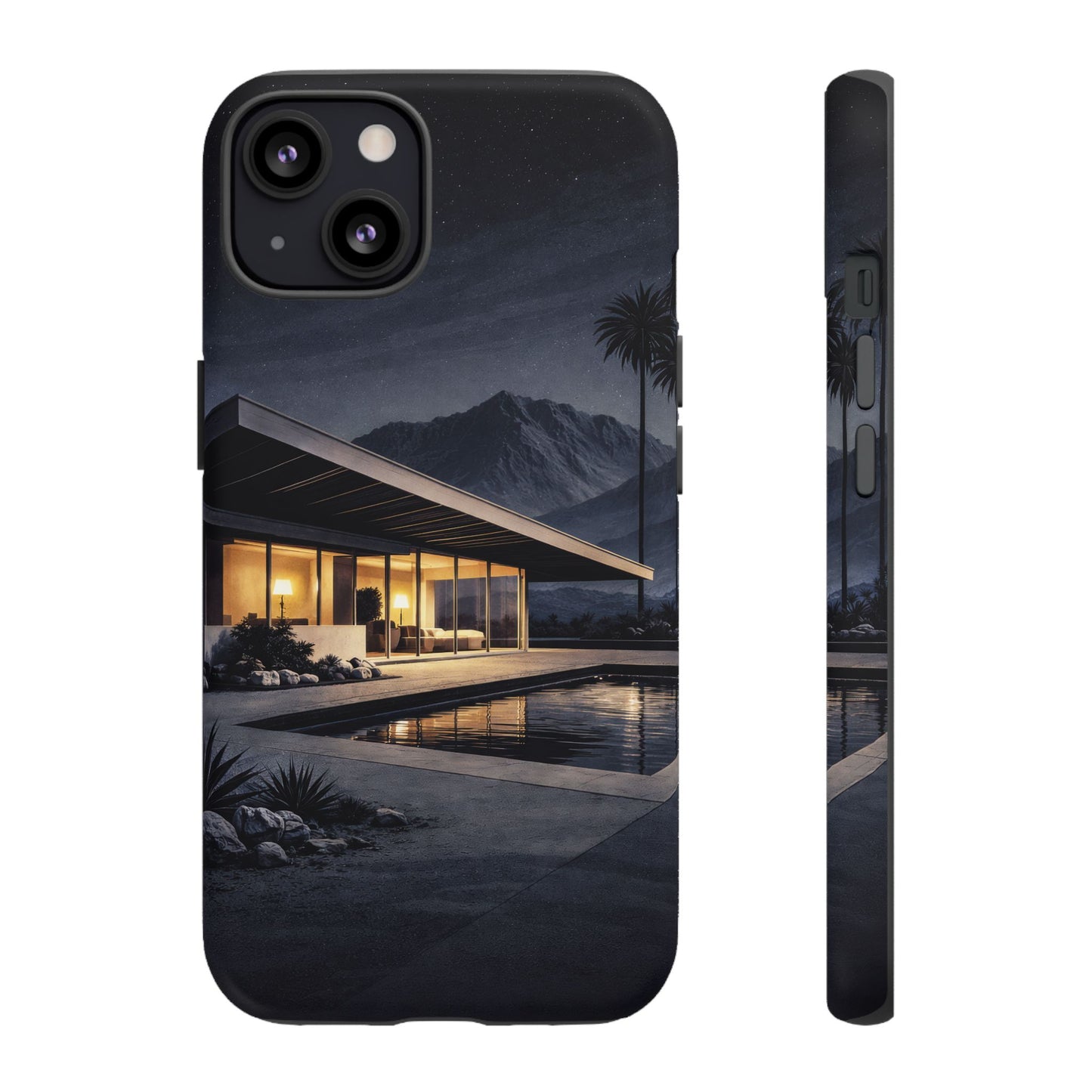 Modern Palm Springs House Phone Case — Mid-Century Poolside Evening Scene