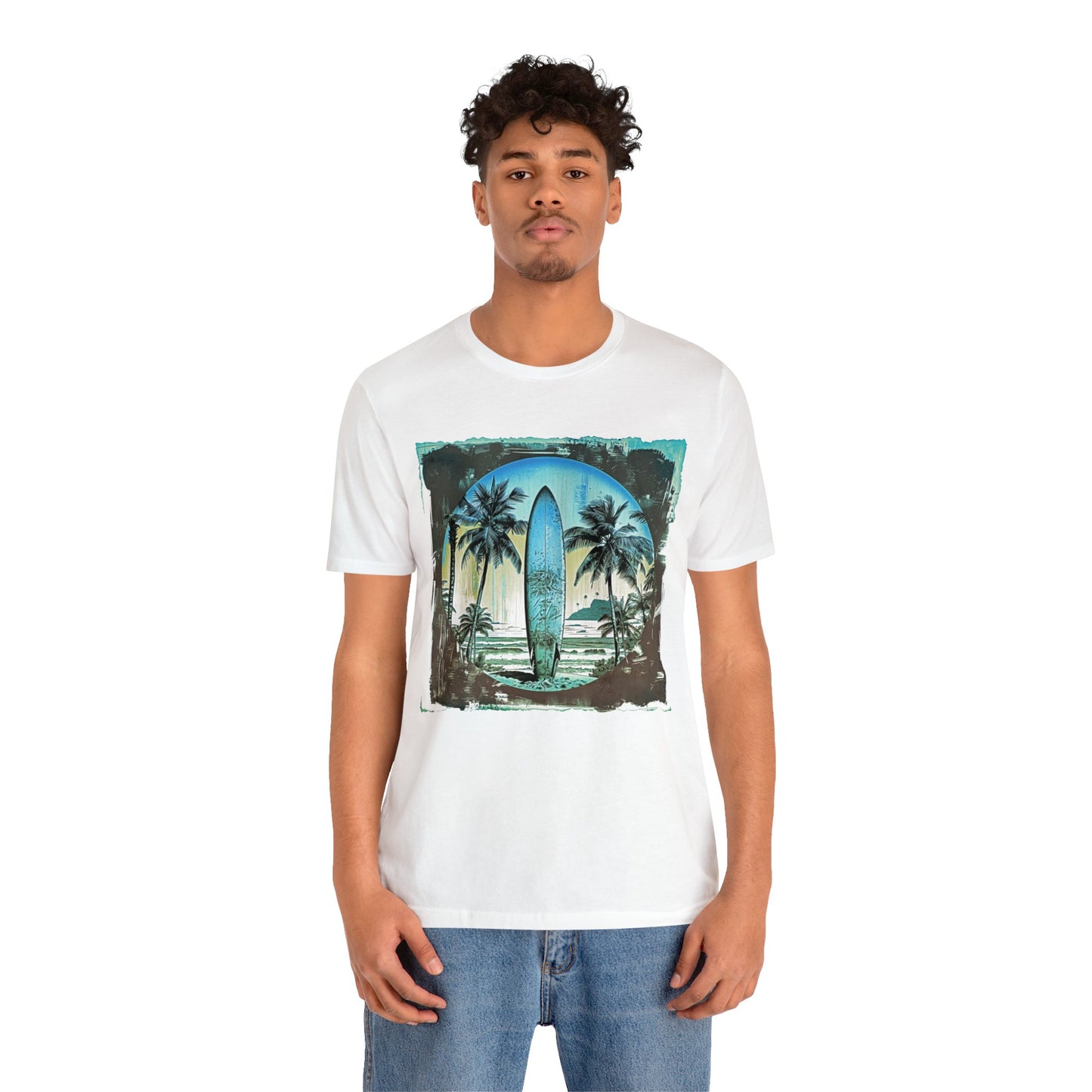 Blue board on the beach Unisex Jersey Short Sleeve Tee