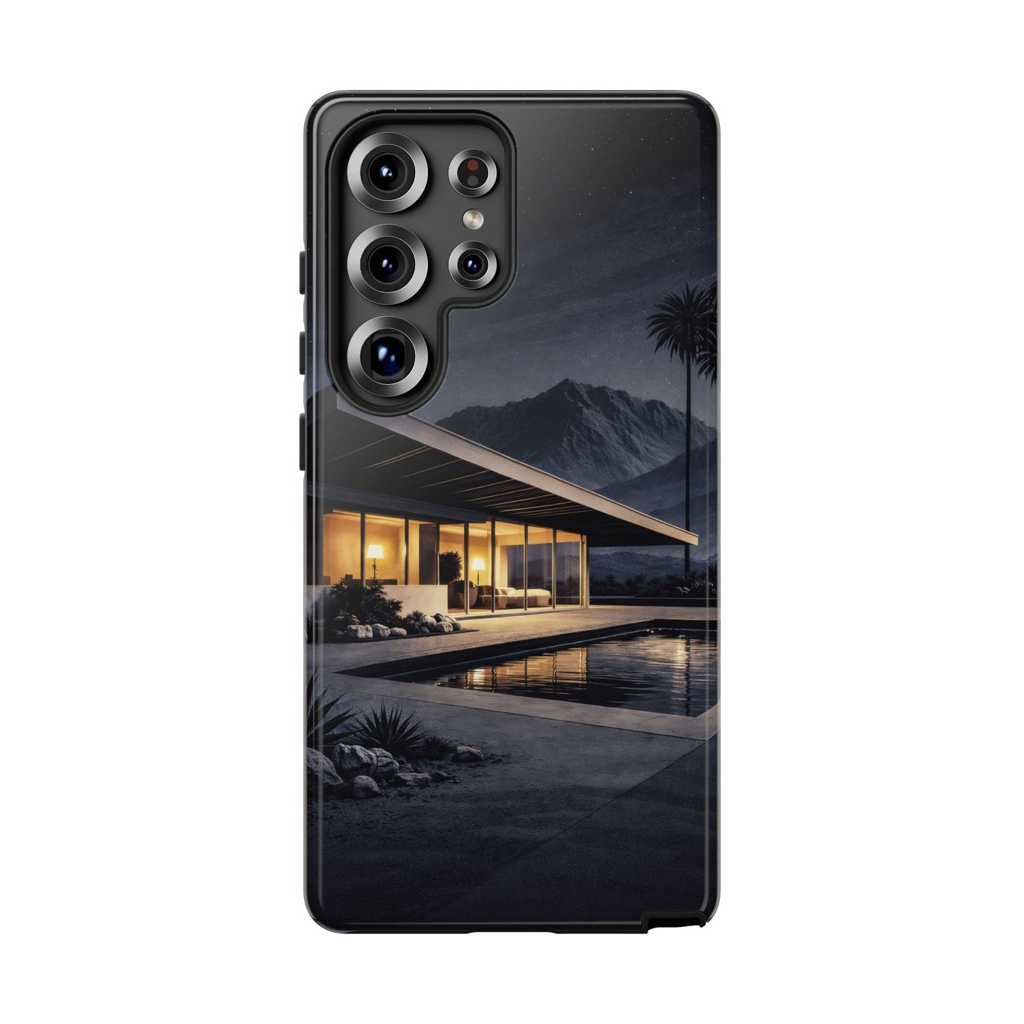 Modern Palm Springs House Phone Case — Mid-Century Poolside Evening Scene