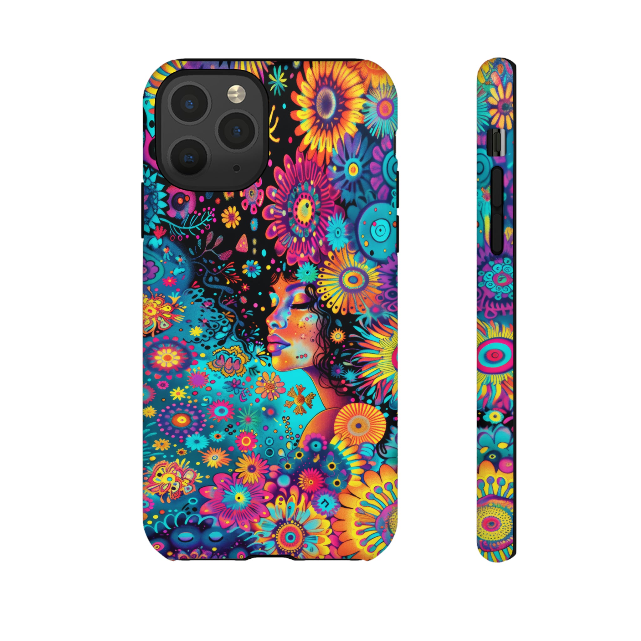 Phone Case, 1970's inspired flower girl, Artistic design, Tough Case, Colorful whimsical flower fantasy design, iPhone 15, 14, 13, 12, 11, Samsung, Pixel