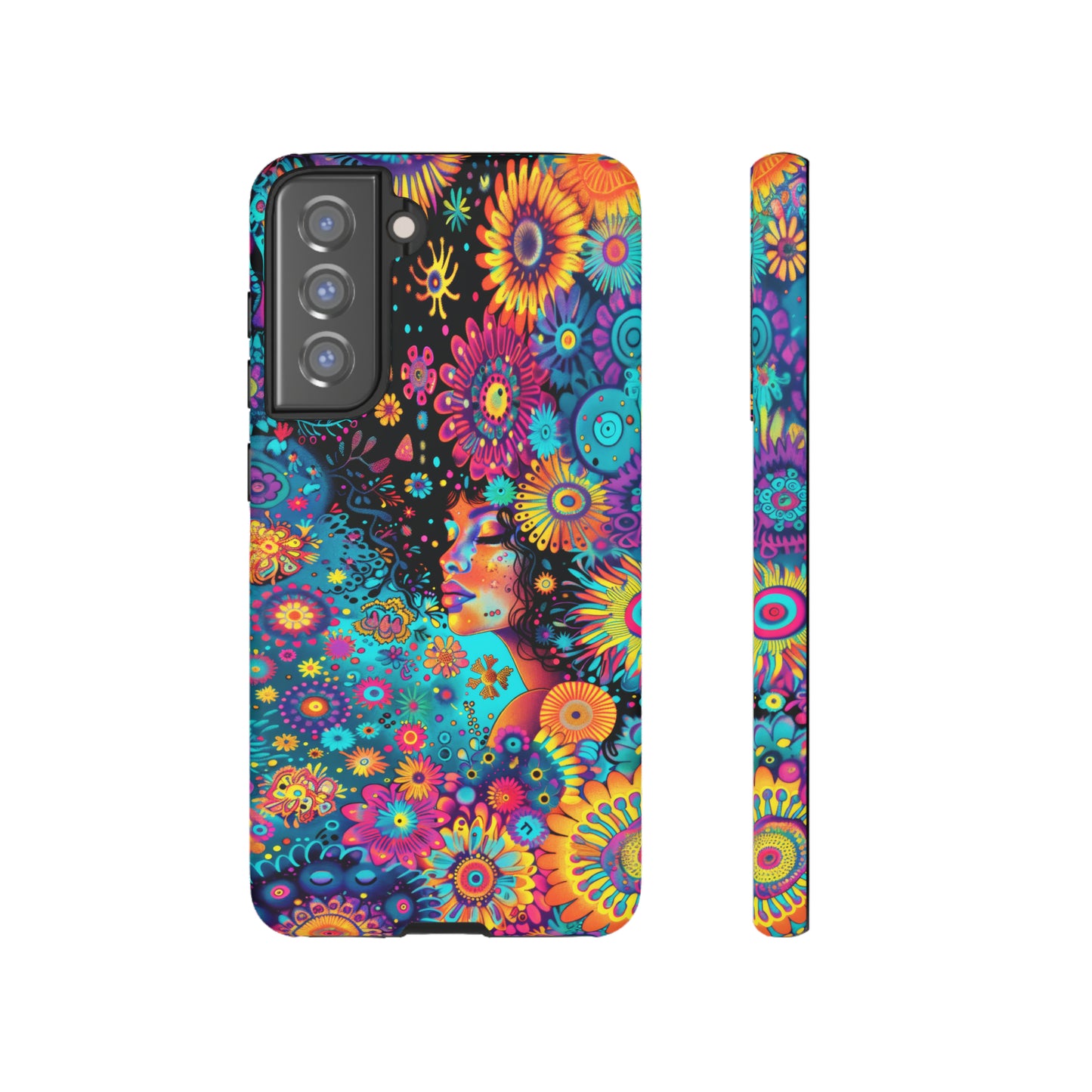 Phone Case, 1970's inspired flower girl, Artistic design, Tough Case, Colorful whimsical flower fantasy design, iPhone 15, 14, 13, 12, 11, Samsung, Pixel
