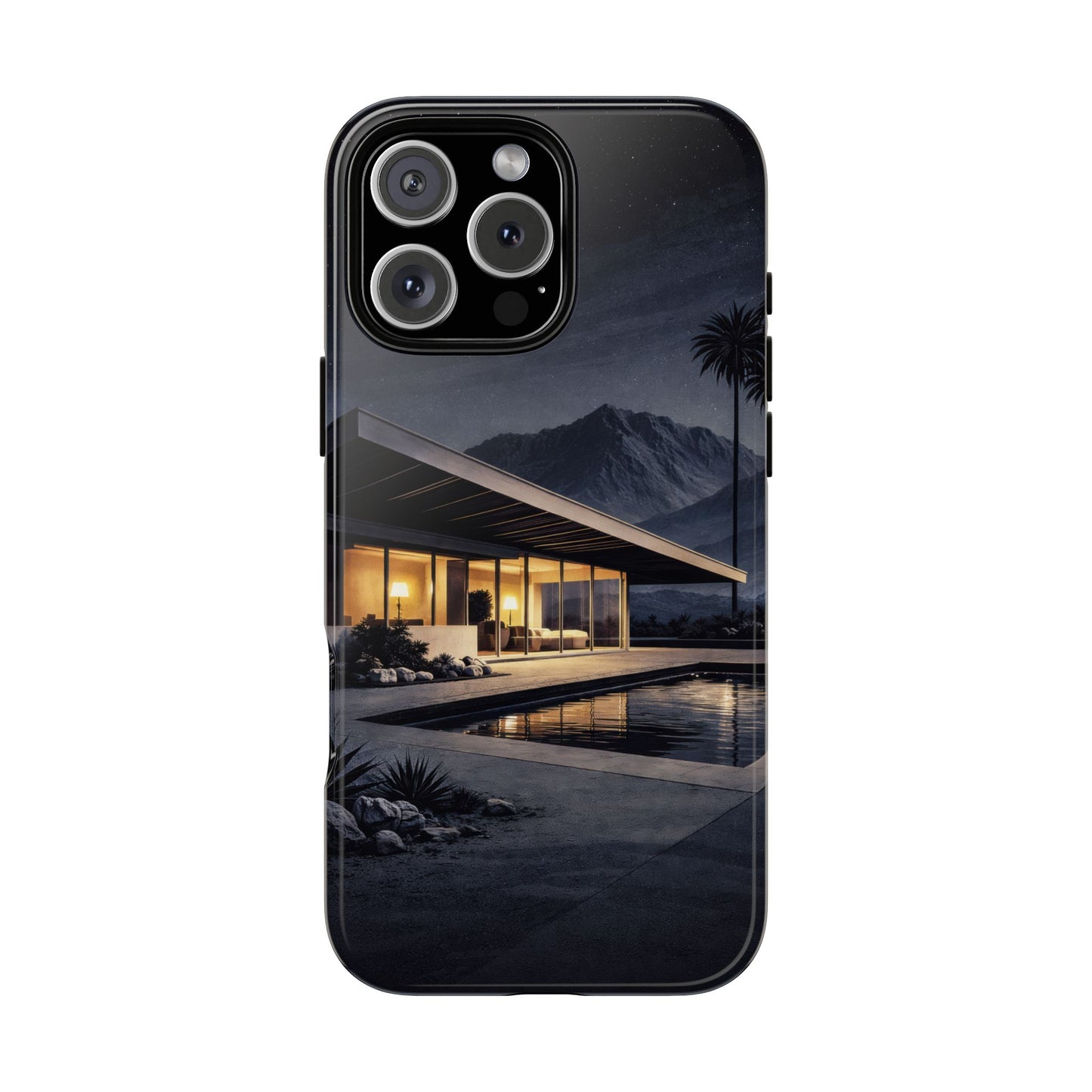 Modern Palm Springs House Phone Case — Mid-Century Poolside Evening Scene