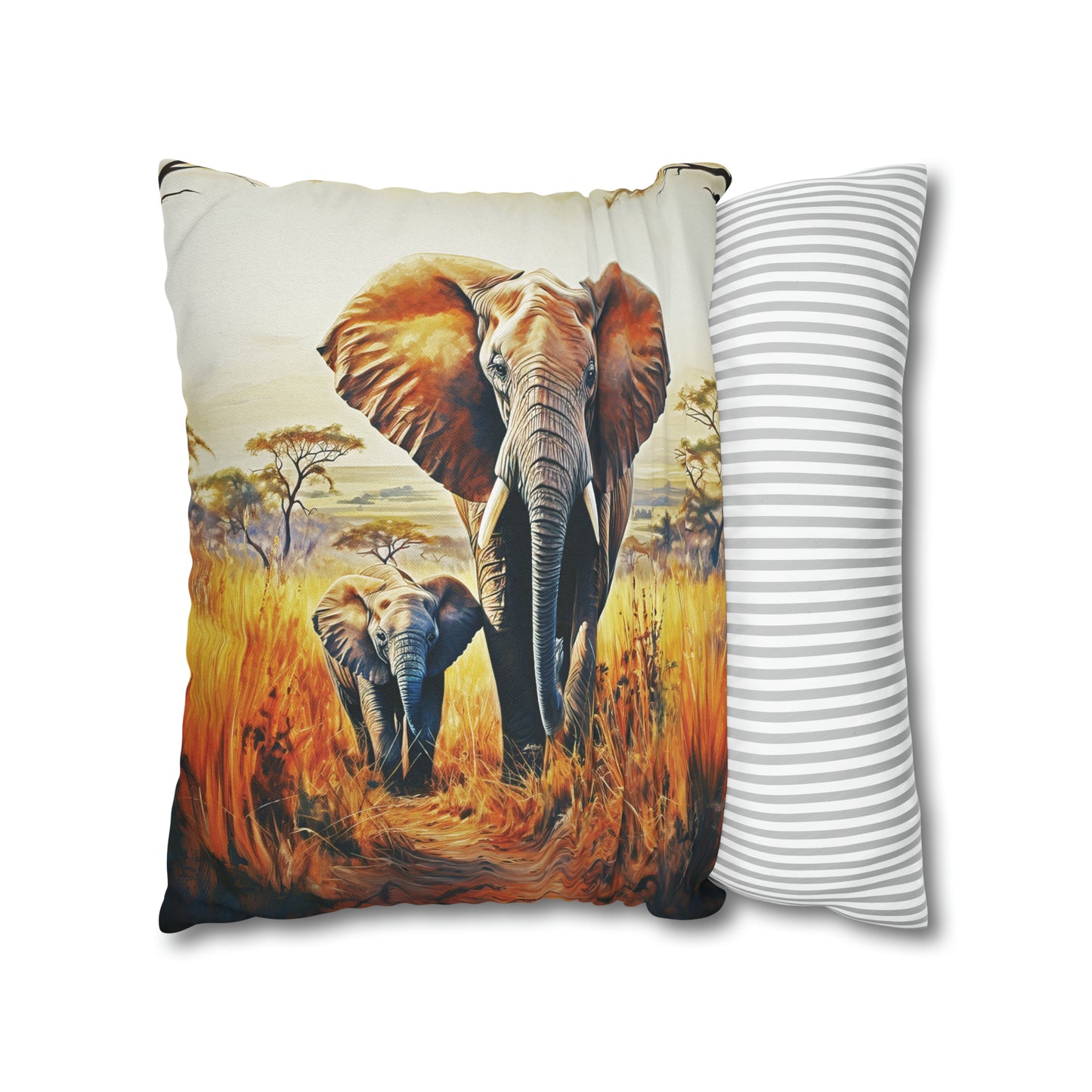Square Pillow Case 18" x 18", CASE ONLY, no pillow form, original Art ,Colorful, a Mother Elephant and her Calf on the Plains of Africa