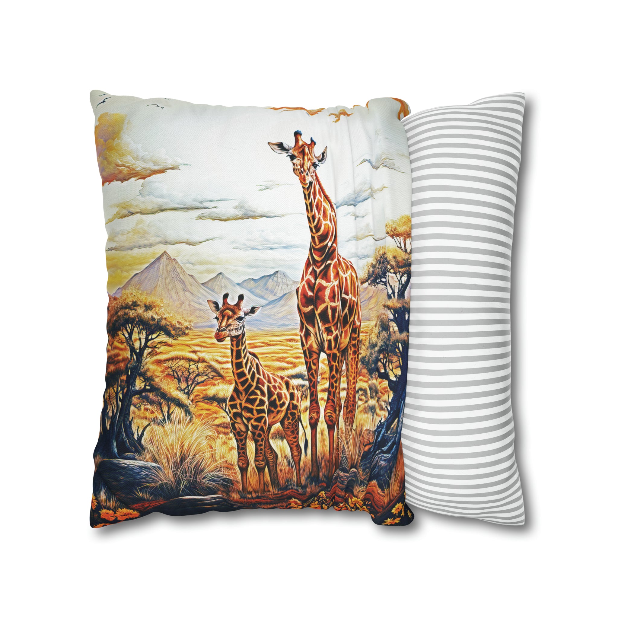 Square Pillow Case 18" x 18", CASE ONLY, no pillow form, original Art ,Colorful, A Mother Giraffe and Her Calf on the African Plain