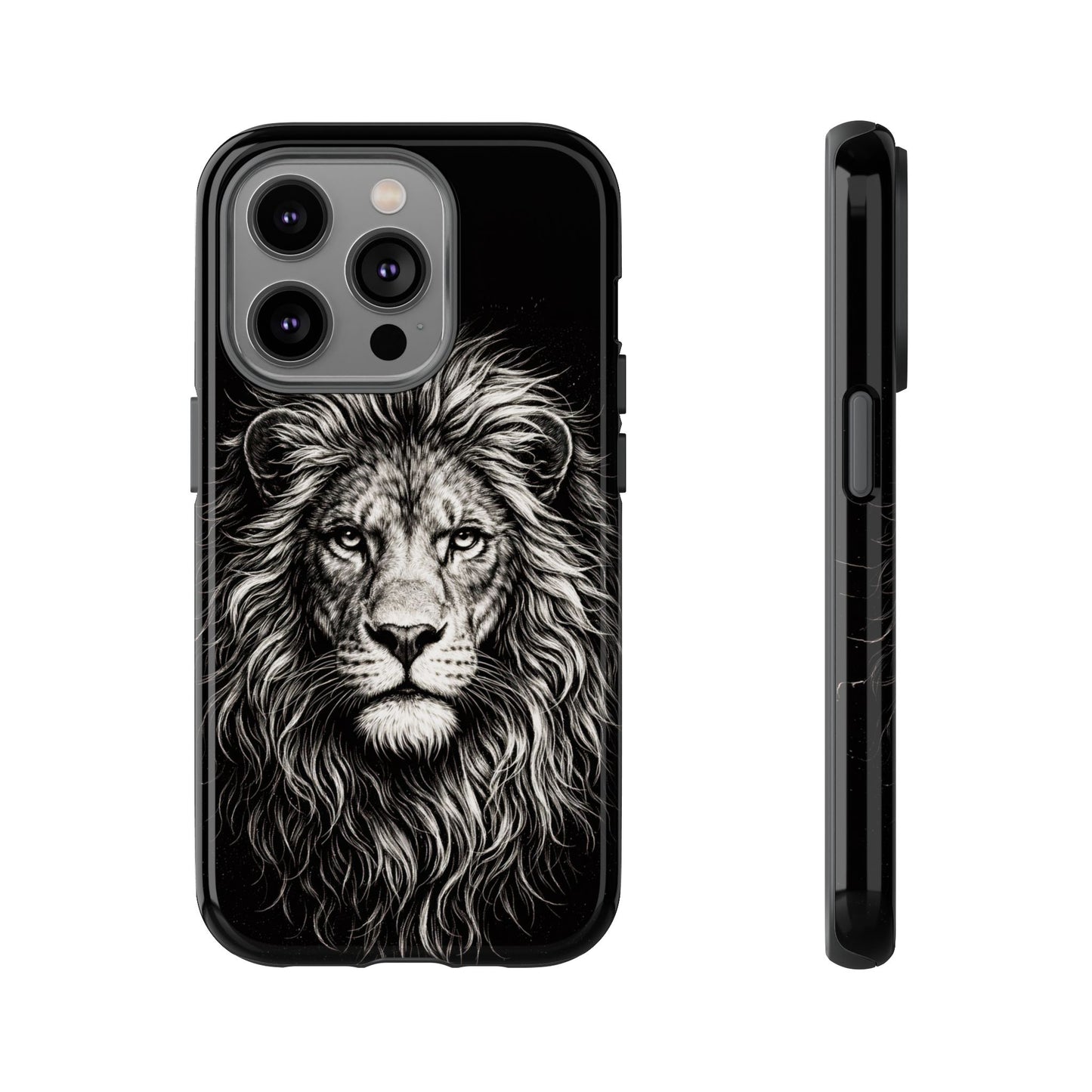 Lion Portrait Tough Phone Case — Protective Black Rugged Case with Detailed Lion Artwork