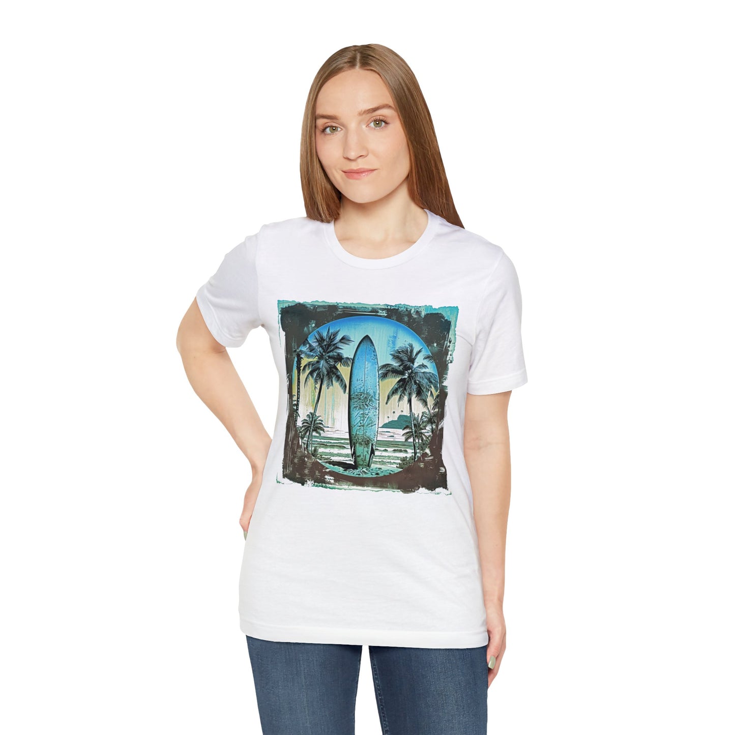 Blue board on the beach Unisex Jersey Short Sleeve Tee