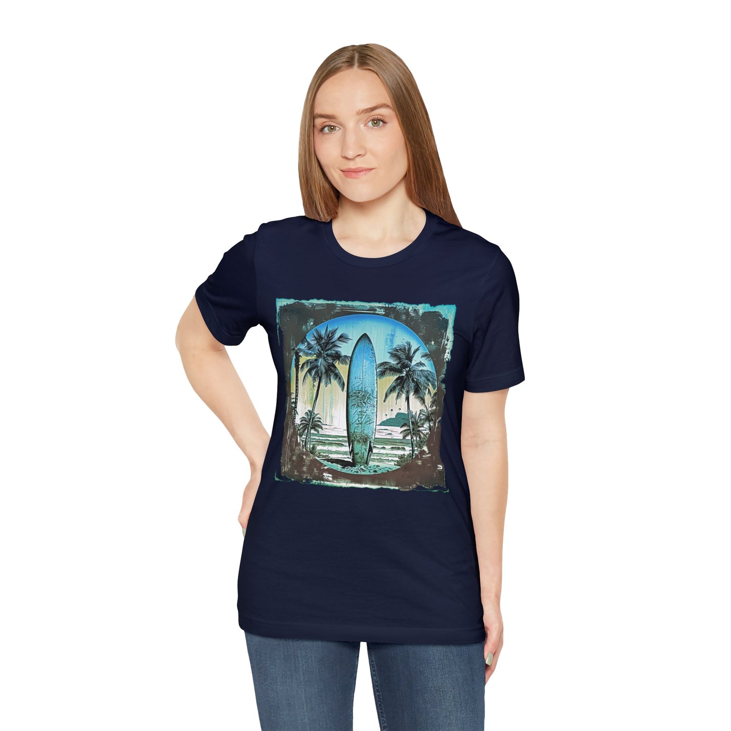 Blue board on the beach Unisex Jersey Short Sleeve Tee