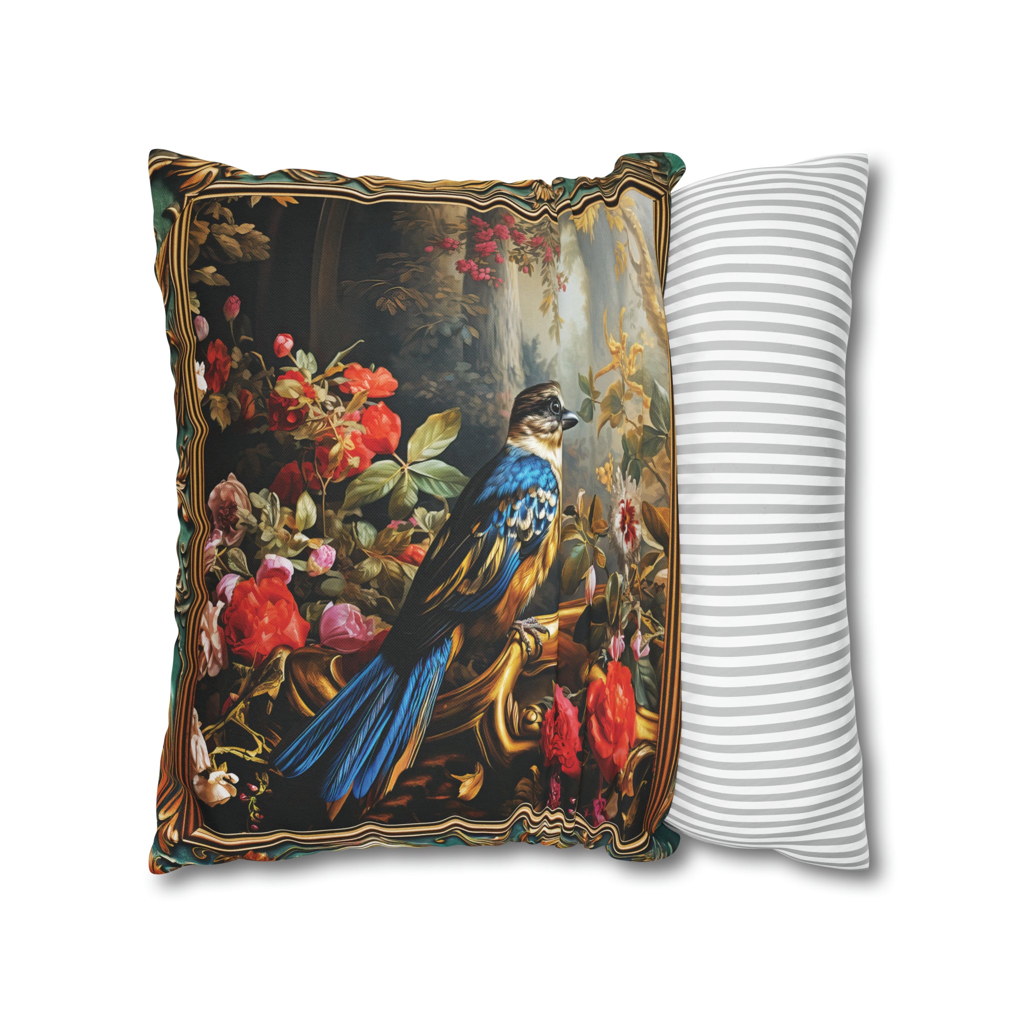 Square Pillow Case 18" x 18", CASE ONLY, no pillow form, original Art , a Colorful Blue & Gold Bird on a Flowering Branch